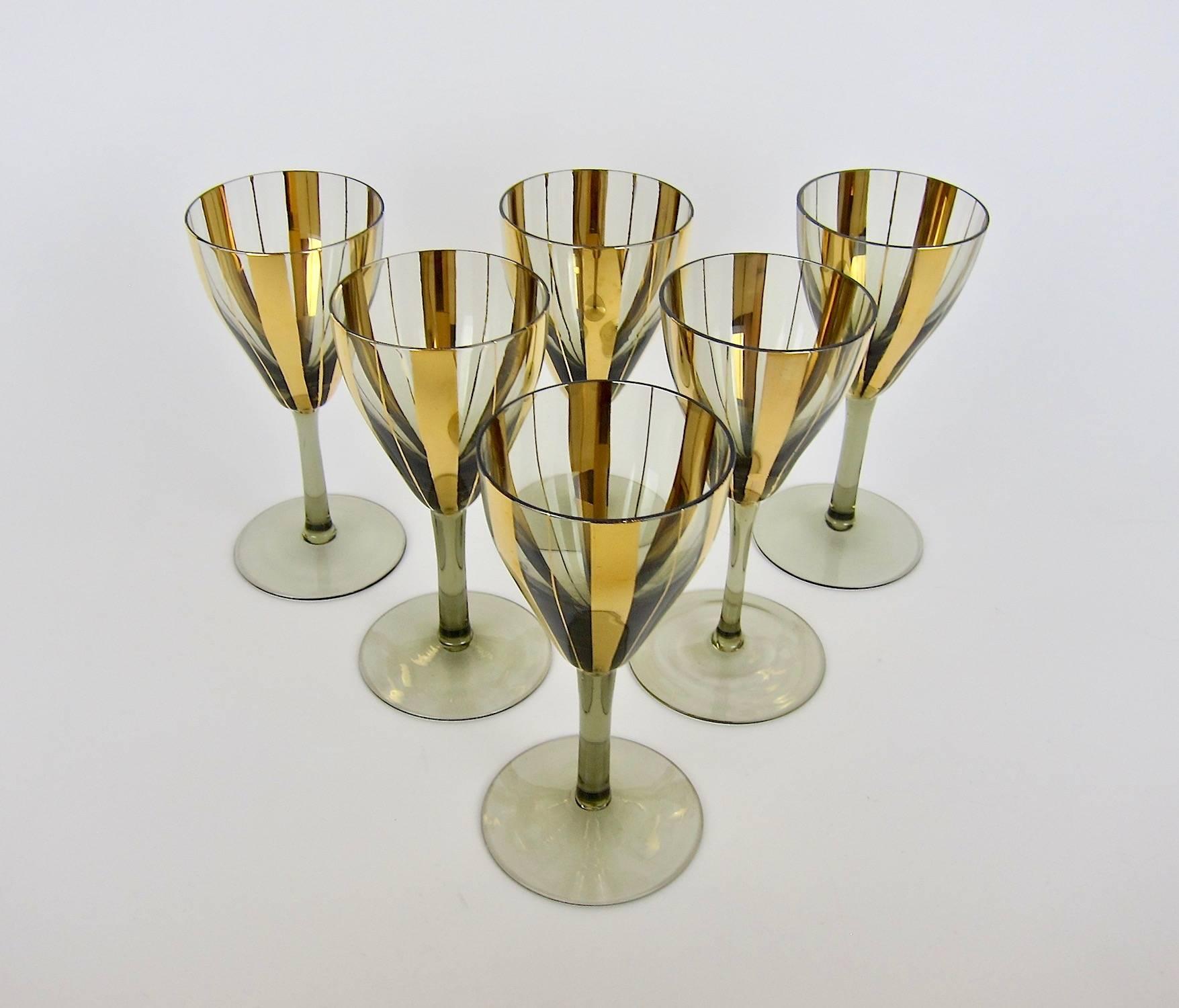Unknown Set of Six Midcentury Wine Glass Stems with Gold Stripes