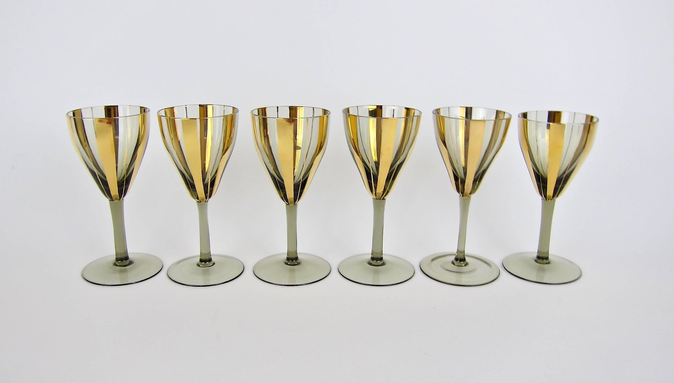 Set of Six Midcentury Wine Glass Stems with Gold Stripes In Good Condition In Los Angeles, CA