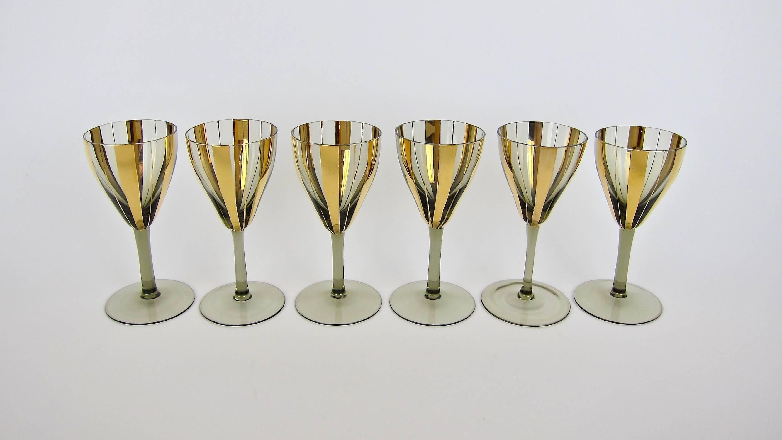 20th Century Set of Six Midcentury Wine Glass Stems with Gold Stripes
