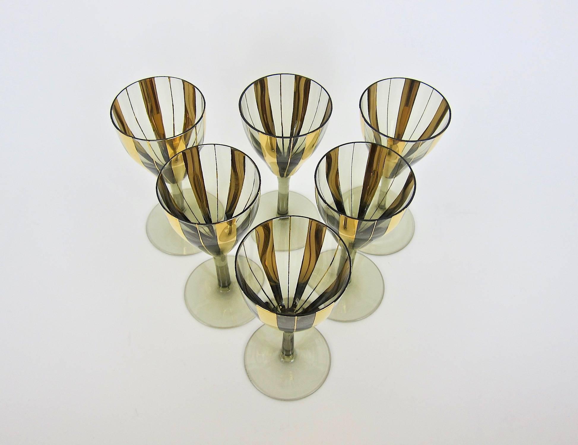 Set of Six Midcentury Wine Glass Stems with Gold Stripes 1