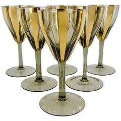 Set of Six Midcentury Wine Glass Stems with Gold Stripes