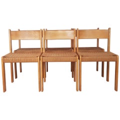 Set of Six Midcentury Danish Beech and Cord Dining Chairs