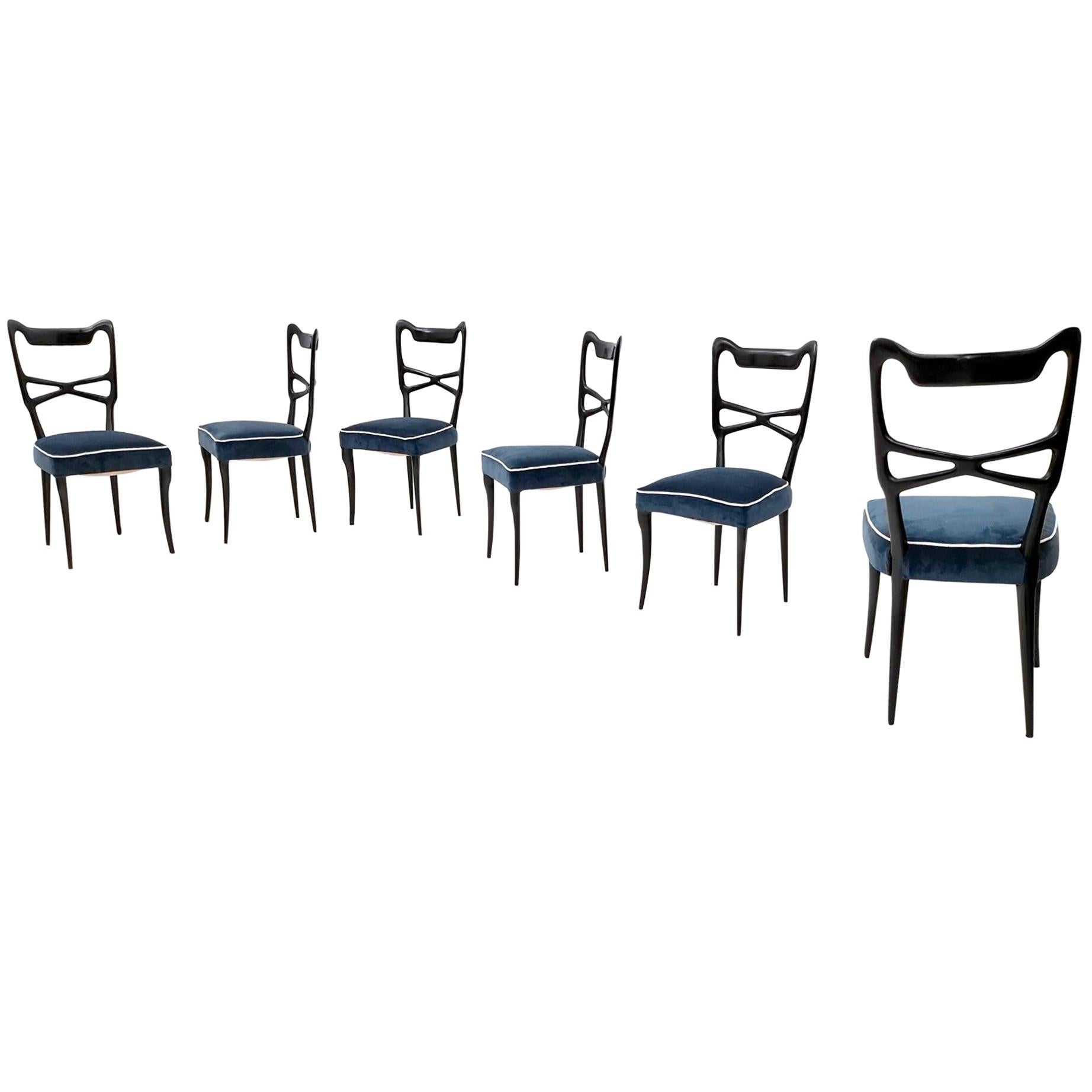 Mid-Century Modern Ensemble vintage de six chaises de salle à manger en velours bleu dans le style d'Ulrich, Italie en vente