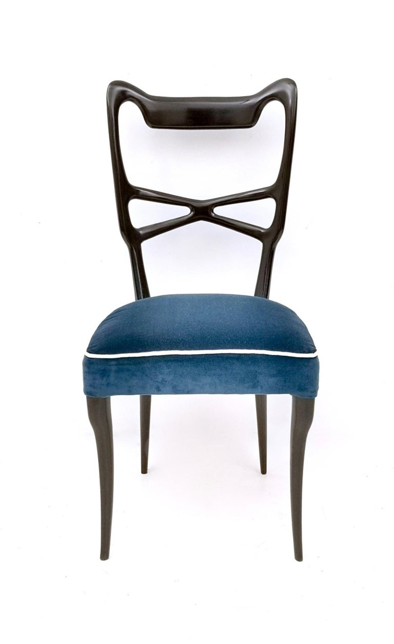 Set of Six Midnight Blue Velvet Dining Chairs, Style of Ulrich, Italy