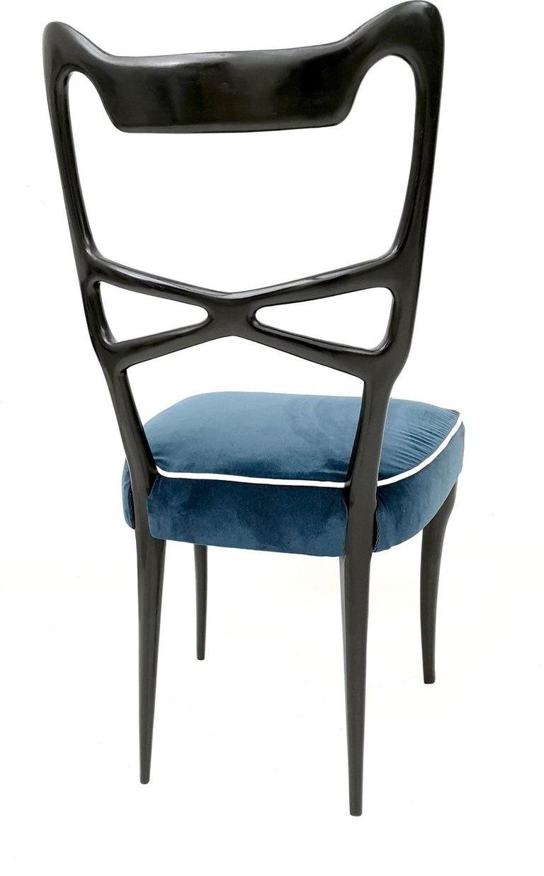 Set of Six Midnight Blue Velvet Dining Chairs, Style of Ulrich, Italy