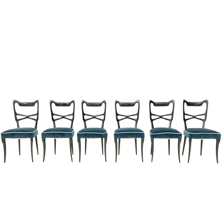 Set of Six Midnight Blue Velvet Dining Chairs, Style of Ulrich, Italy