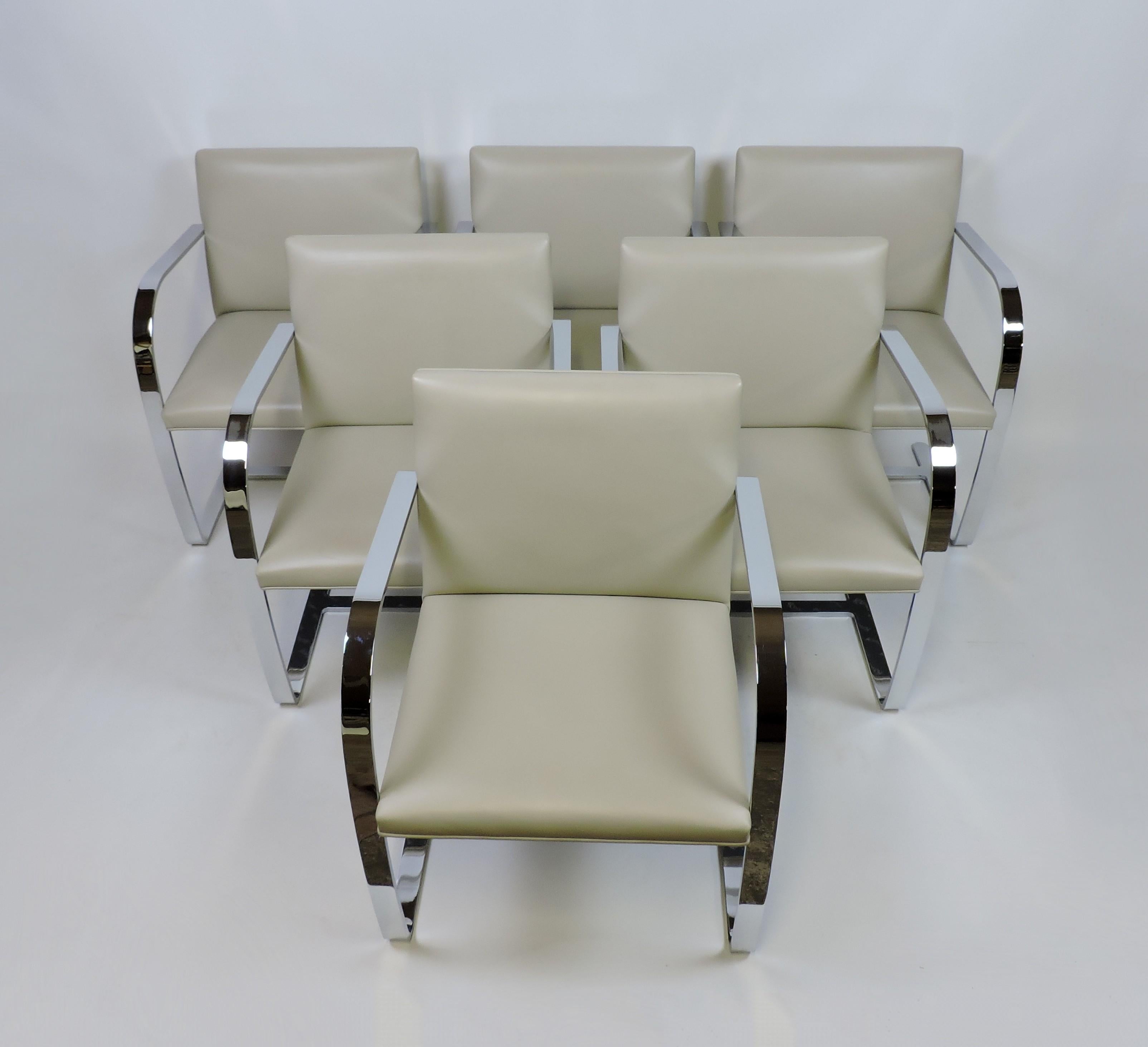 Set of Six Mies van der Rohe for Knoll Brno Flat Bar Chrome and Leather Chairs  7