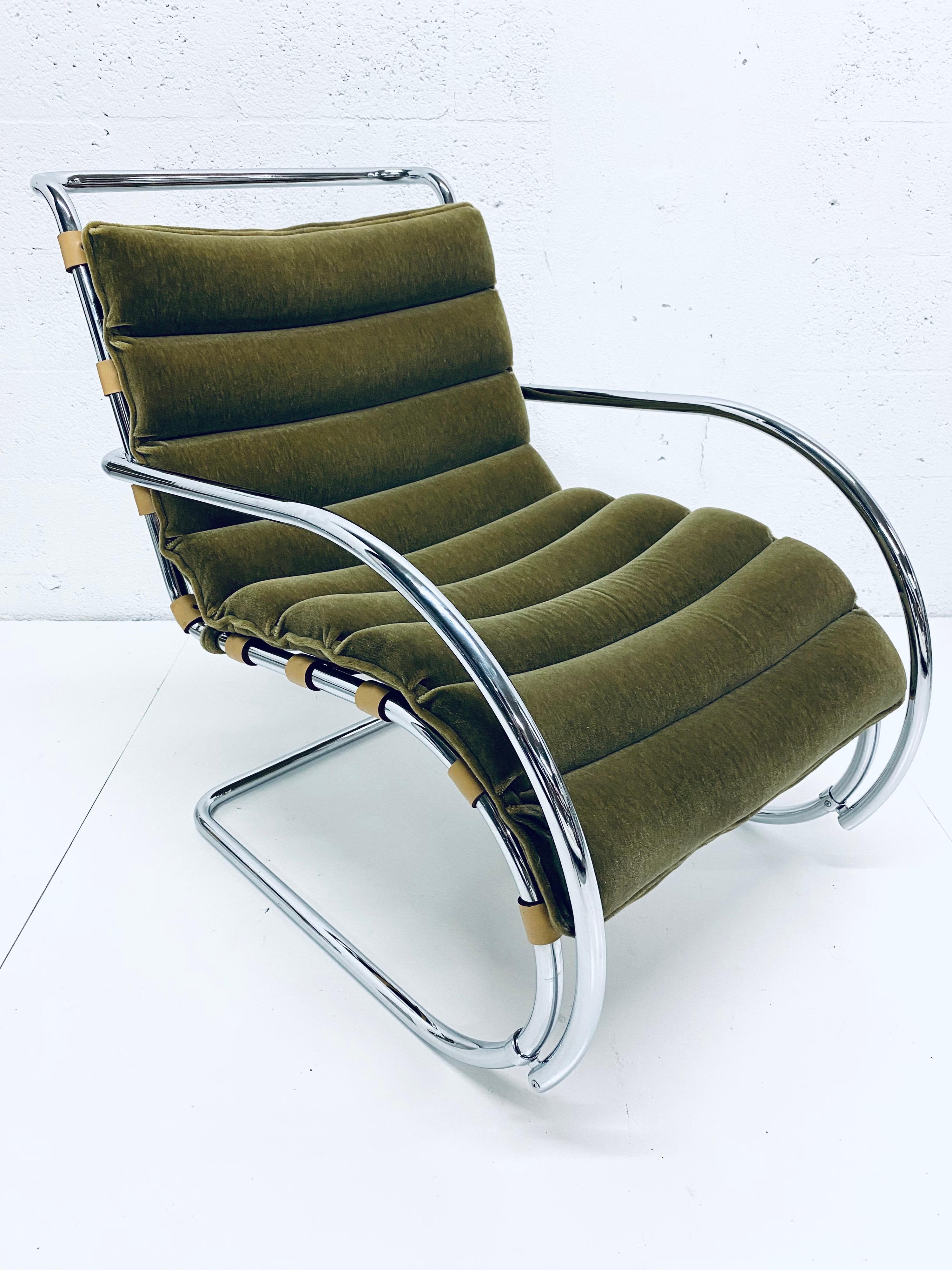 Six authentic MVR lounge chairs with olive green channel tufted mohair fabric over leather support straps and a tubular chrome frame designed by Ludwig Mies van der Rohe and produced by Gordon International. Manufactured in Italy, 1970s.

As one