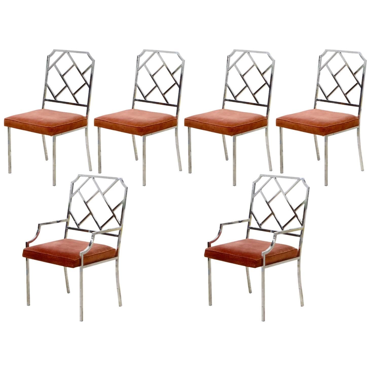 Set of Six Milo Baughman Chrome Chippendale Inspired Modern Dining Chairs