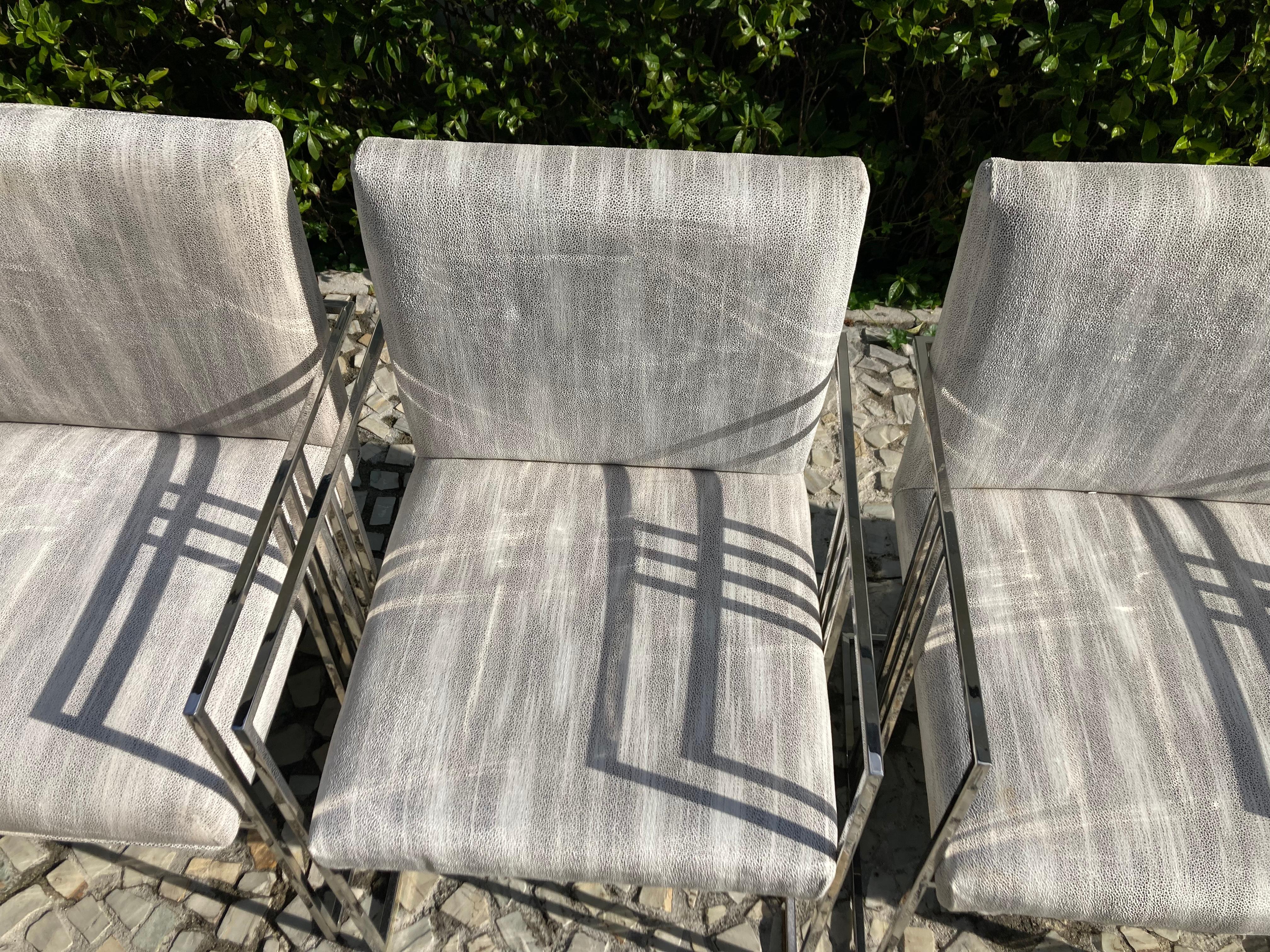 Fabric Set of Six Milo Baughman Chrome Dining Chairs For Sale