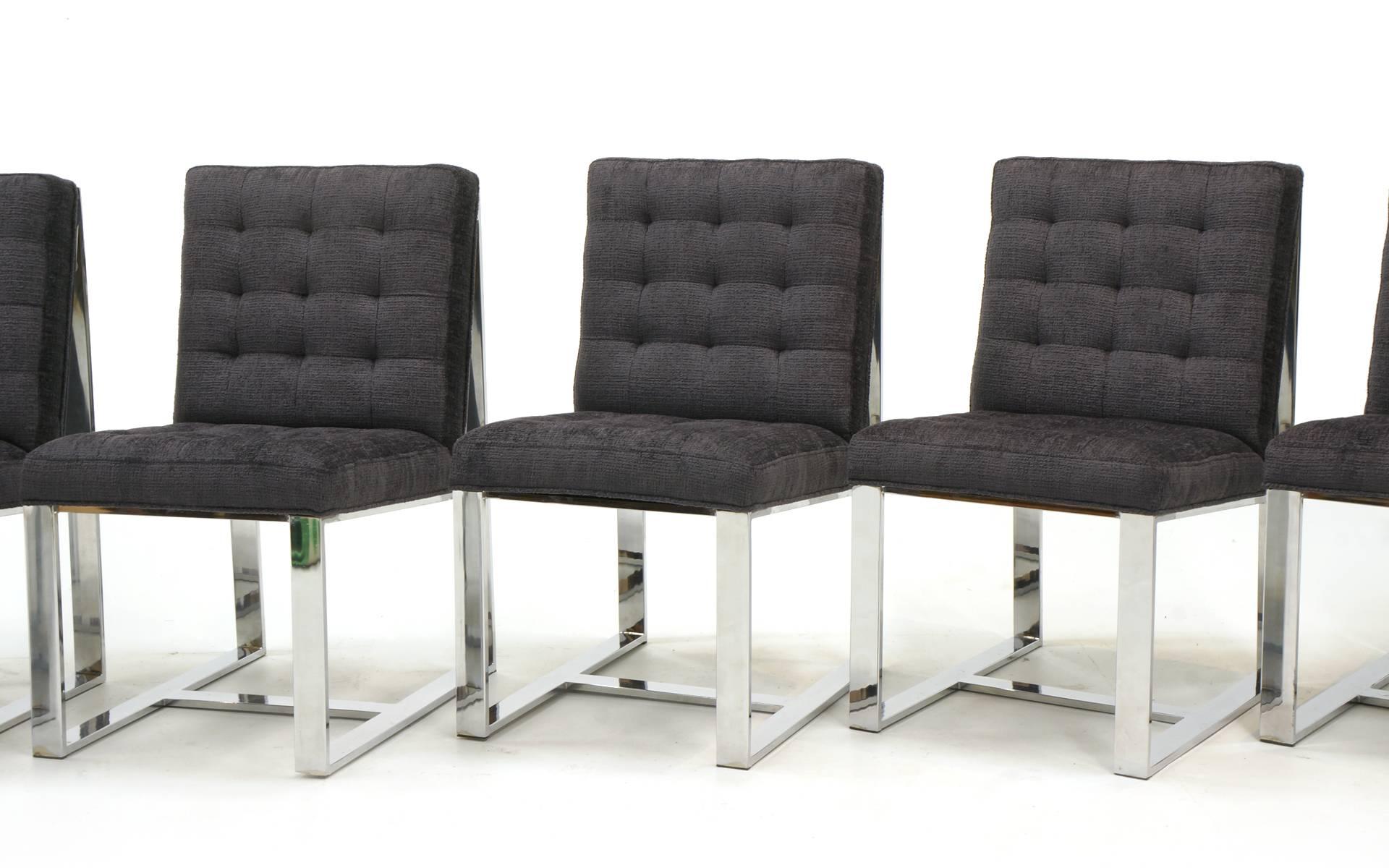 Milo Baughman dining chairs, set of six, restored and reupholstered in a Robert Allen Charcoal Chaneille fabric. Heavy chrome frames.  Two chairs show a good deal of pitting to the base of the chrome frames.