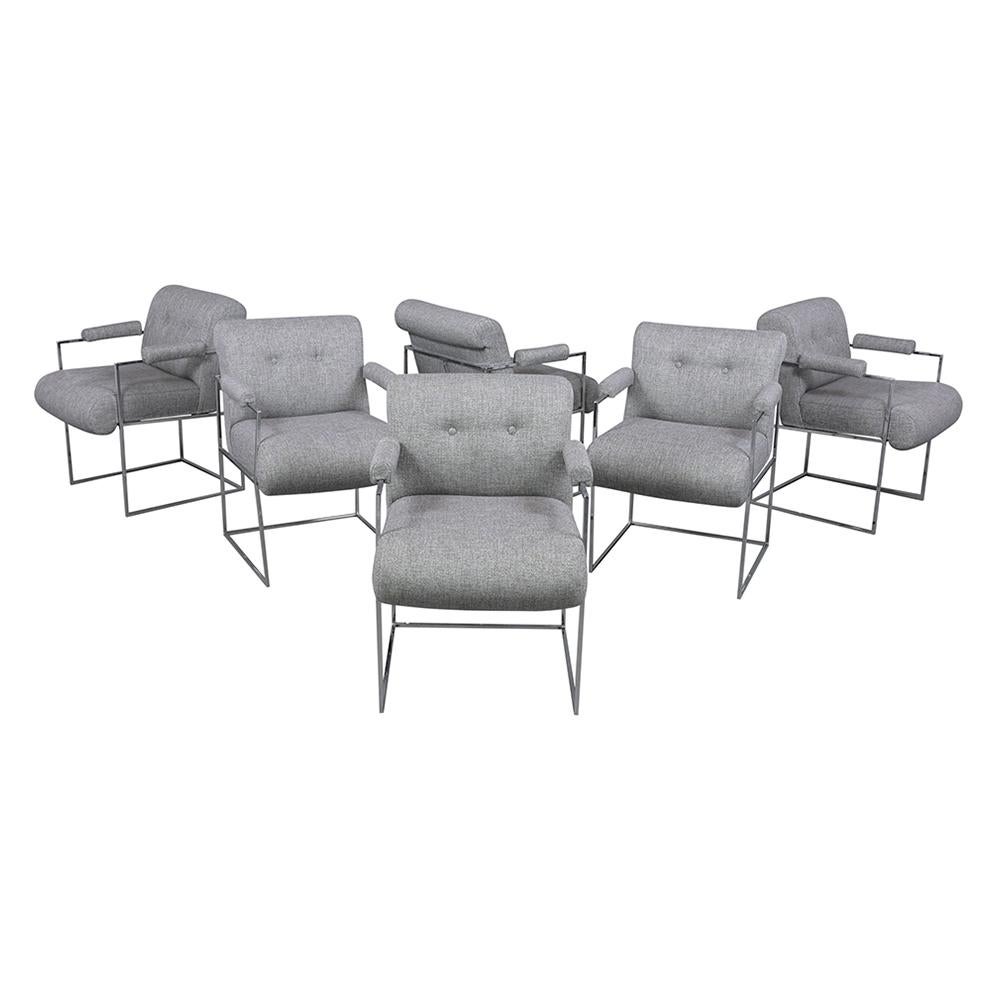 An extraordinary set of six mid-century Milo Baughman for Thayer Coggin dining chairs hand-crafted out of steel wood and fabric completely restored by our professional craftsmen team and have been newly upholstered in light grey fabric and topstitch