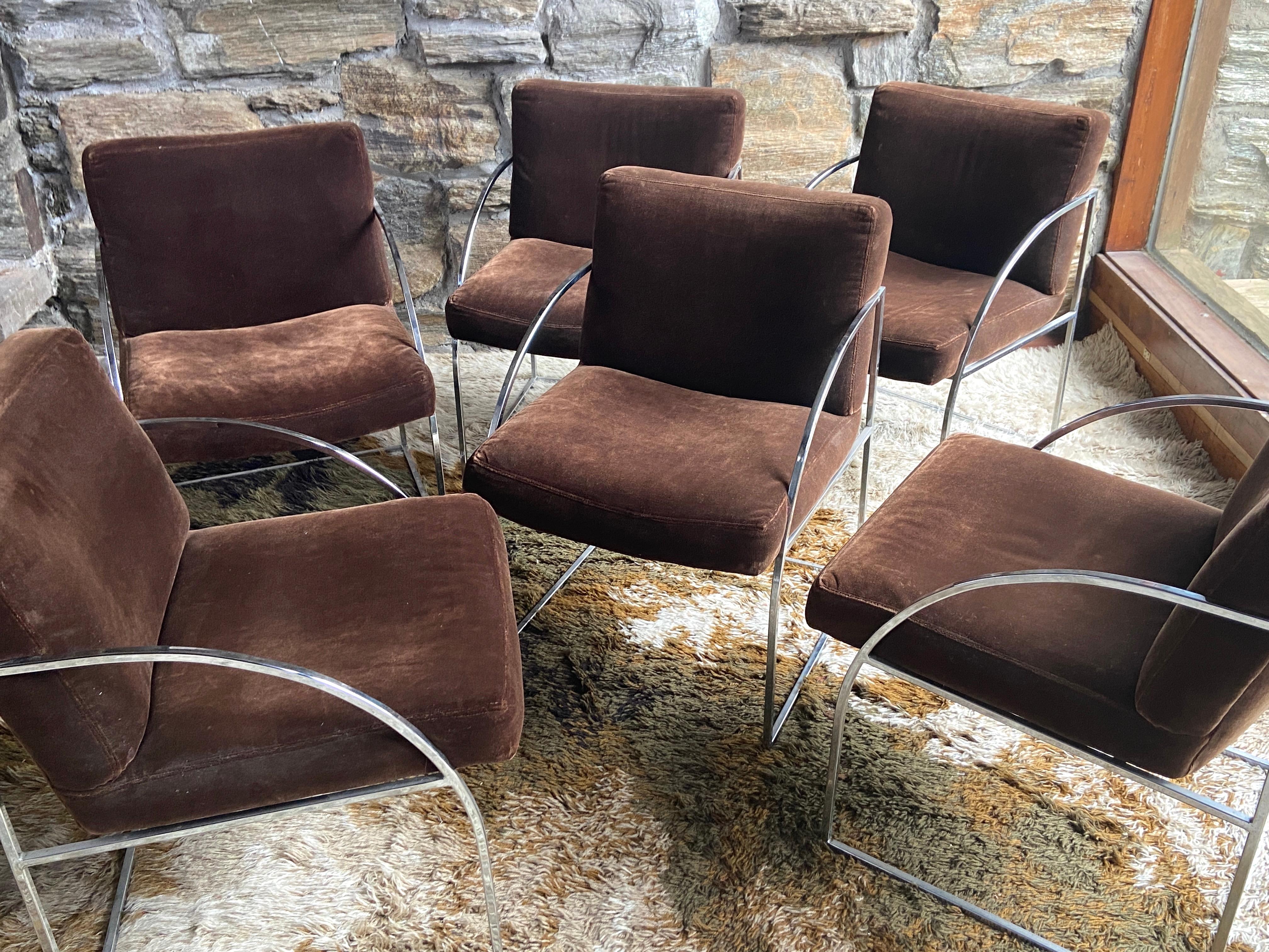 Beautiful set of six mid century Milo Baughman for Thayer Coggin thin line chrome chairs with rare round art deco style arms. Chocolate brown 
Velvet upholstery in good condition, no rips or stains, chrome all in good condition, the dust fabric on