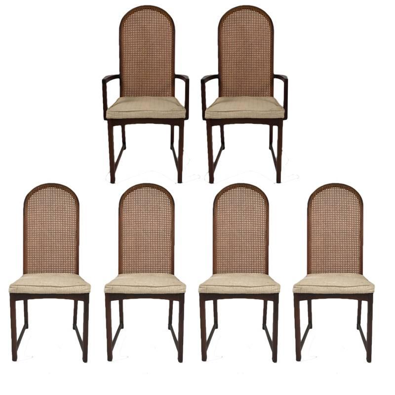 Set of Six Milo Baughman High Back Cane and Walnut Dining Chairs for Directional