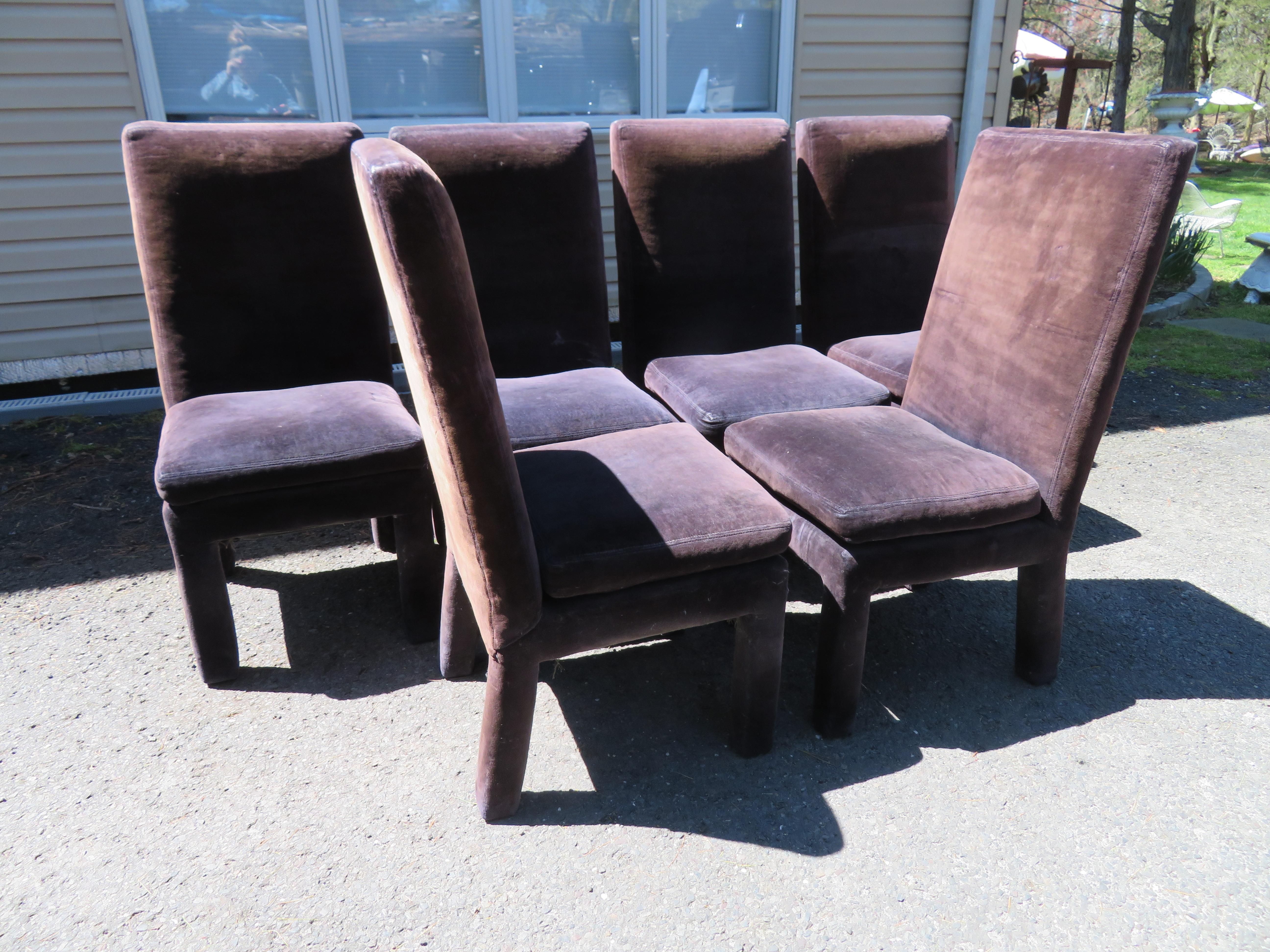Gorgeous set of 6 signed Milo Baughman upholstered dining chairs. This is the set you designers have been looking for-they need to be reupholstered. These are ohh so comfortable and great looking too.