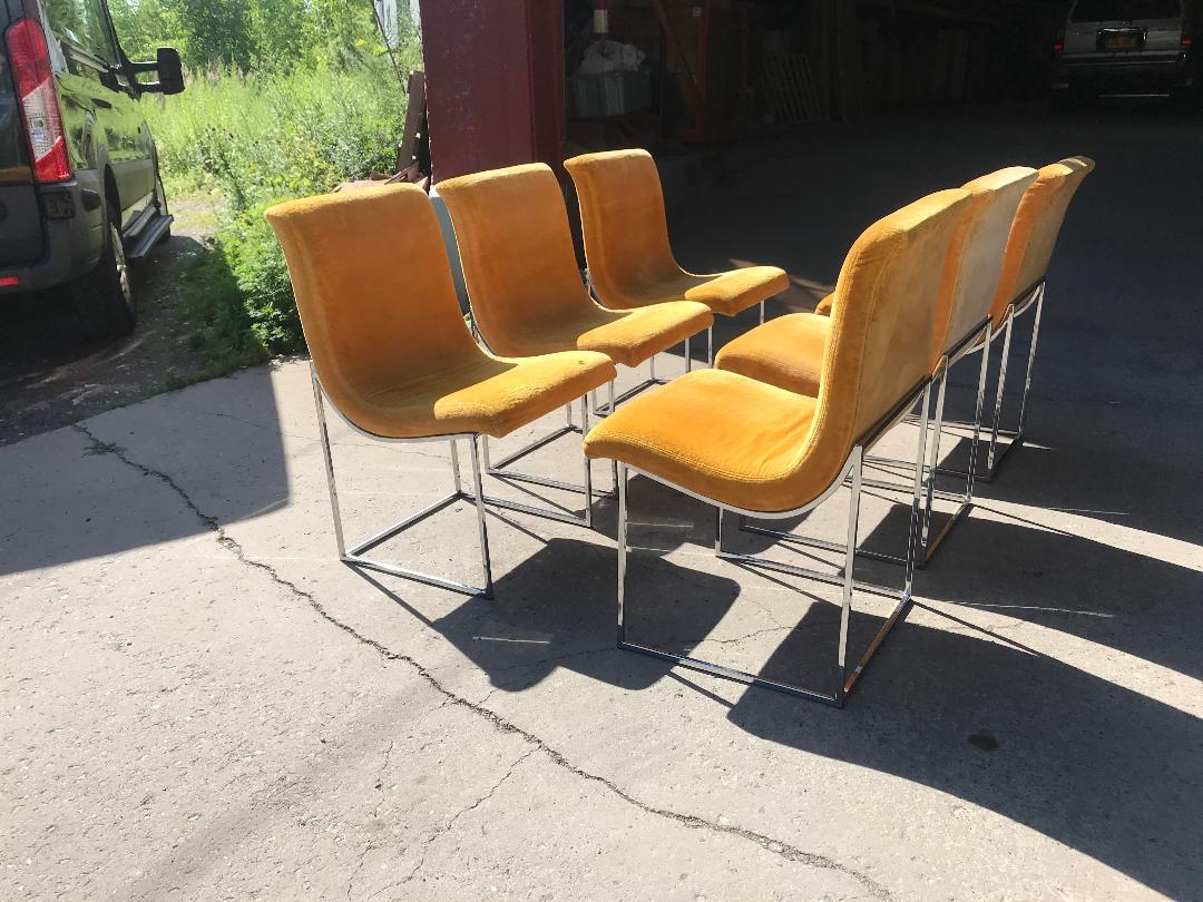 Set of six Milo Baughman for Thayer Coggin scoop chrome dining chairs. Model #1228. Stunning color, original gold velvet, Classic 1970s style, amazing design, retains original Thayer Coggin labels.