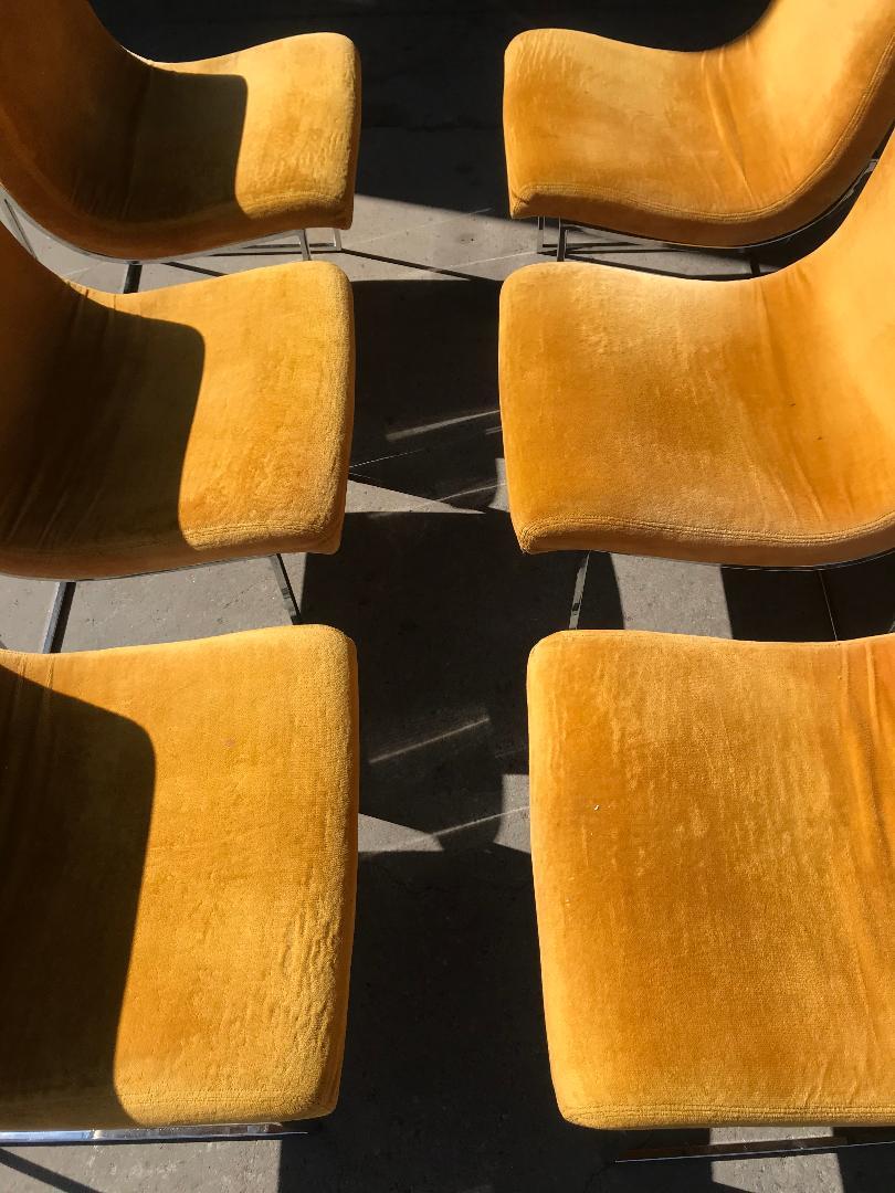 Velvet Set of Six Milo Baughman Scoop Chrome Dining Chair, Thayer Coggin