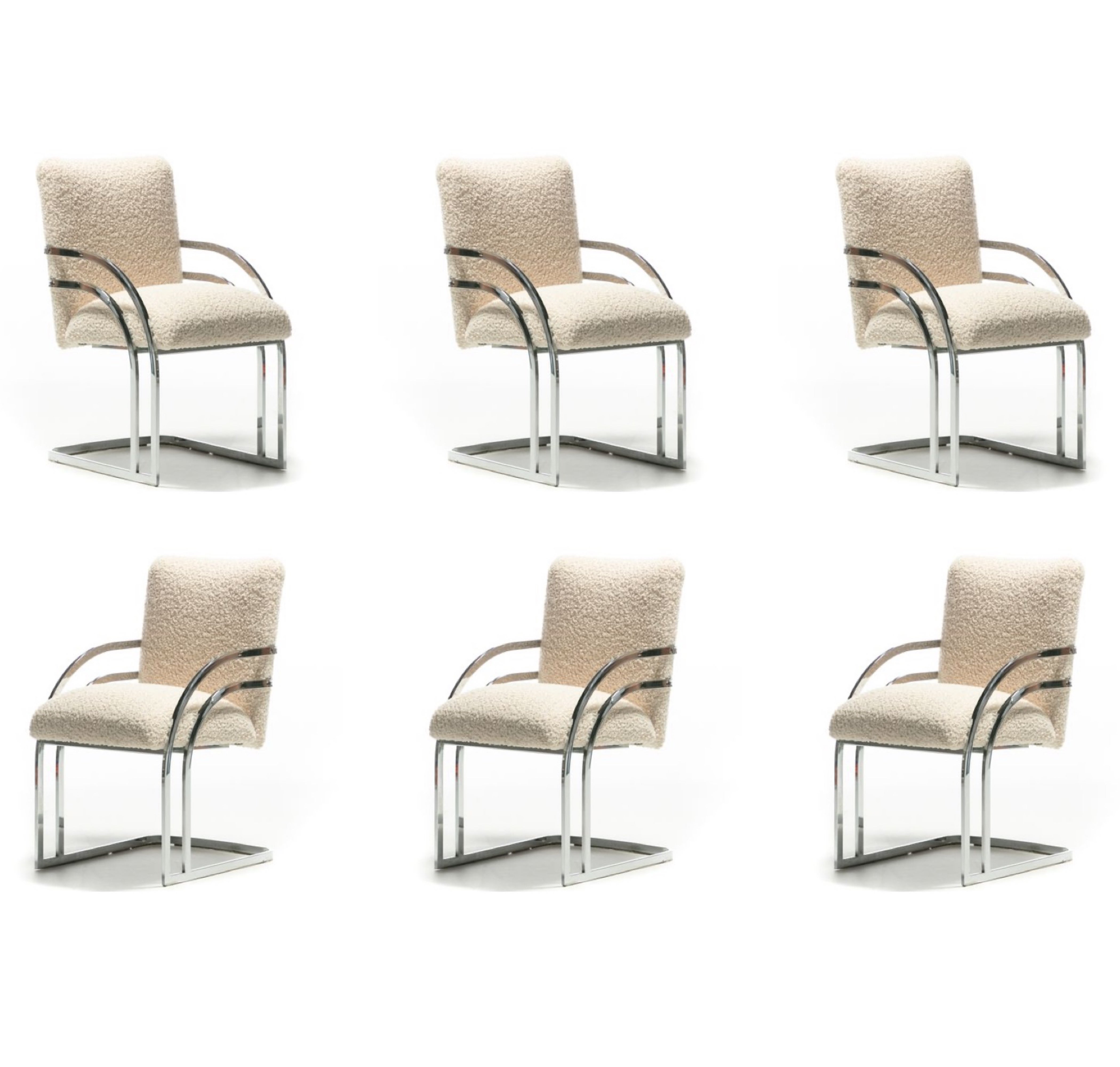 Set of Six Milo Baughman Style Chrome Dining Chairs in Ivory White Bouclé 