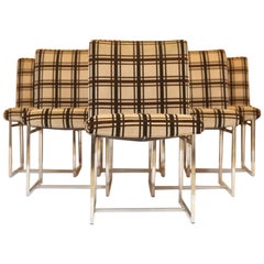 Set of Six Milo Baughman Style Dining Chairs in Chrome and Plaid Velvet