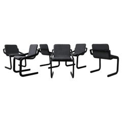 Set of Six Mod Cantilevered Black Framed Dining Chairs with Gray Upholstery