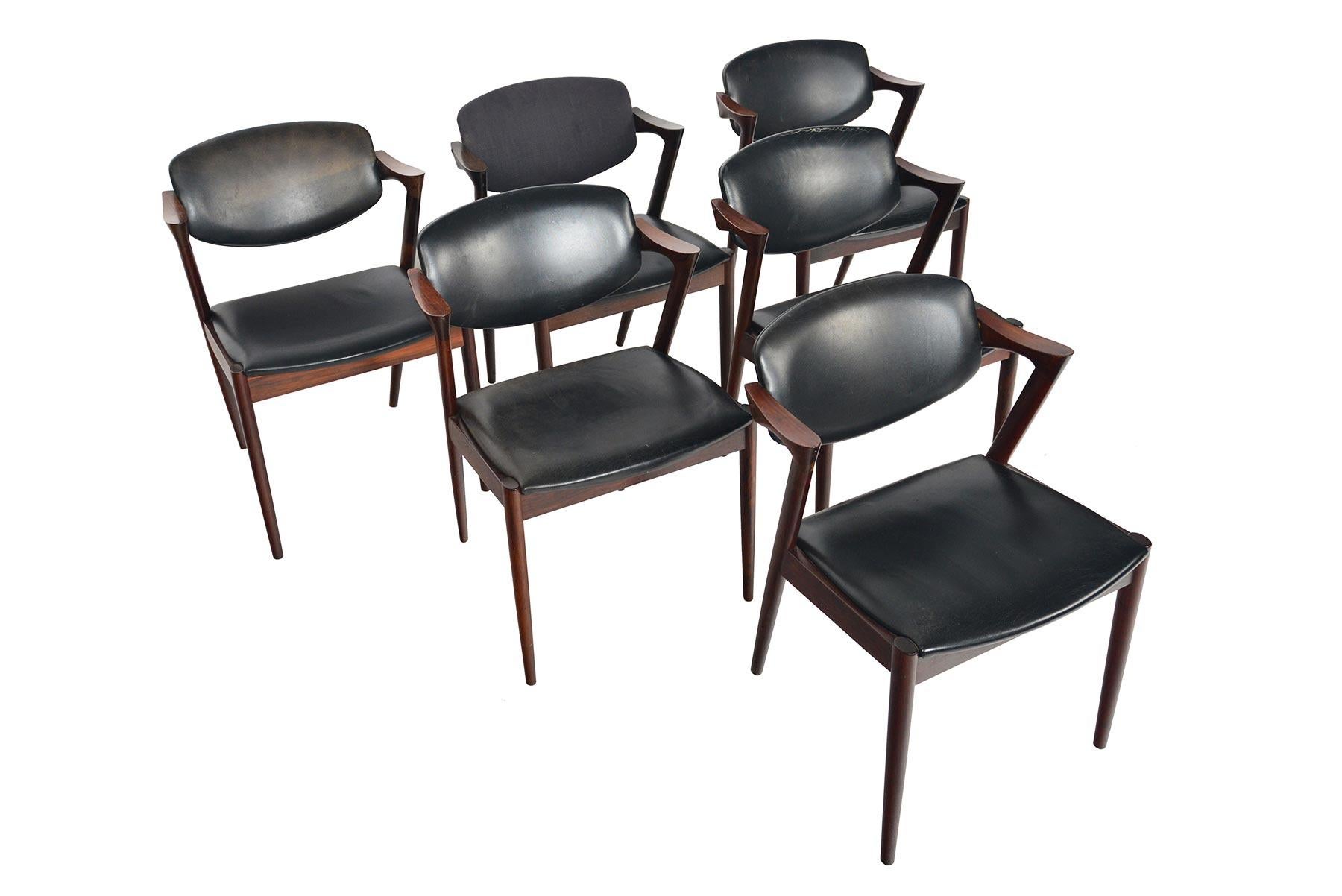 Mid-Century Modern Set of Six Model 42 Kai Kristiansen Danish Modern Dining Chairs in Rosewood