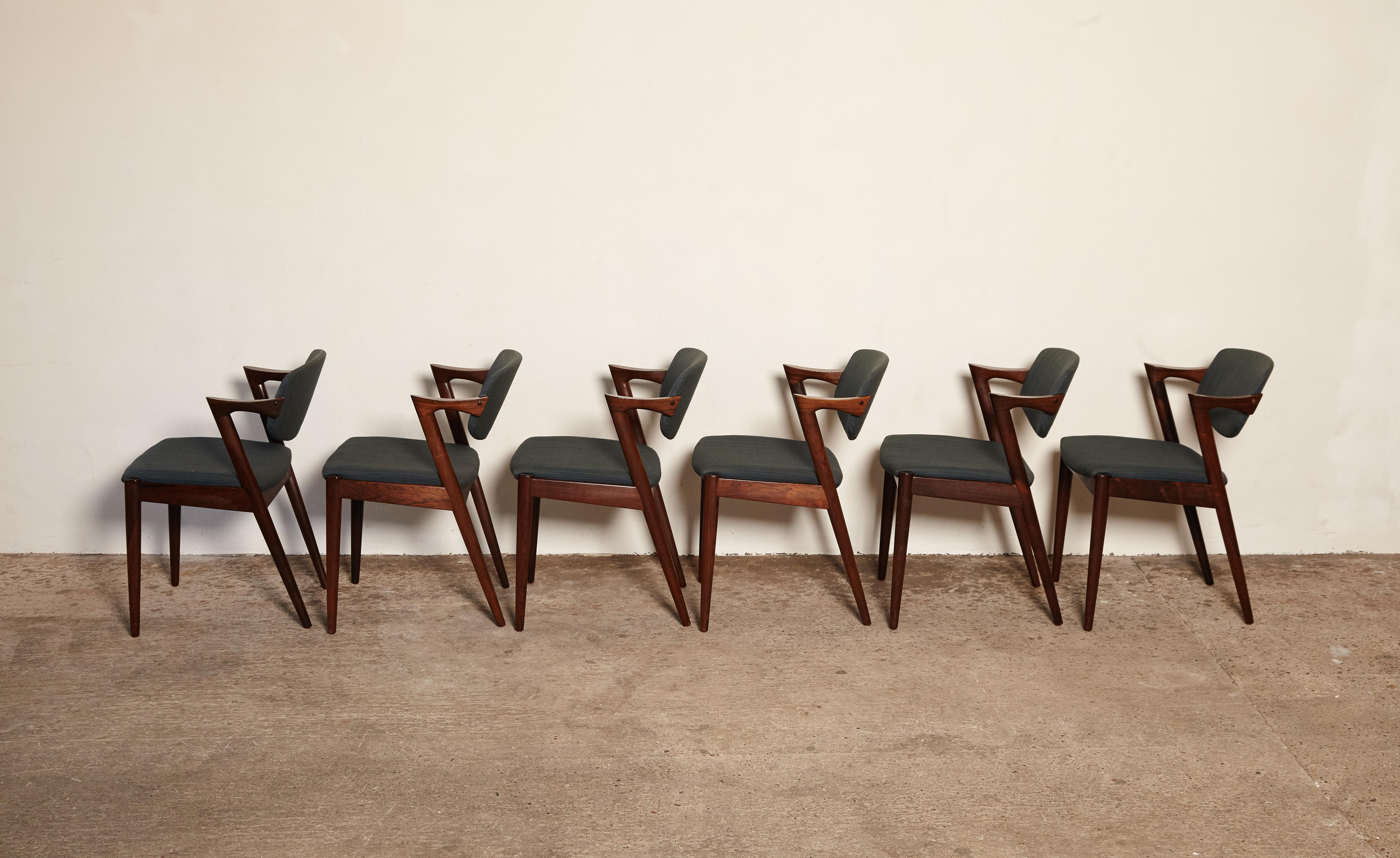 Mid-Century Modern Set of Six Model 42 Rosewood Dining Chairs by Kai Kristiansen, Denmark, 1960s
