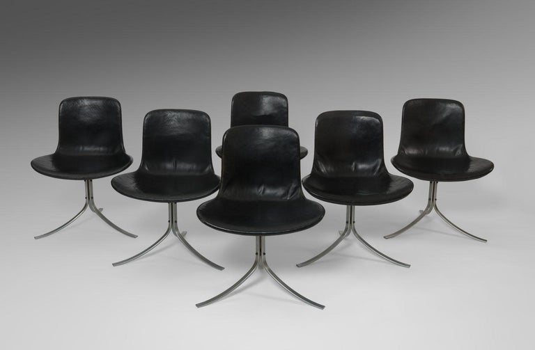 Set of six model PK9 dining chairs designed by Poul Kjaerholm for E Kold Christensen,
Denmark, 1960s.

Leather and steel.

Stamped.

Combining the dining chairs with Poul Kjaerholm's model PK54 dining table makes for an attractive