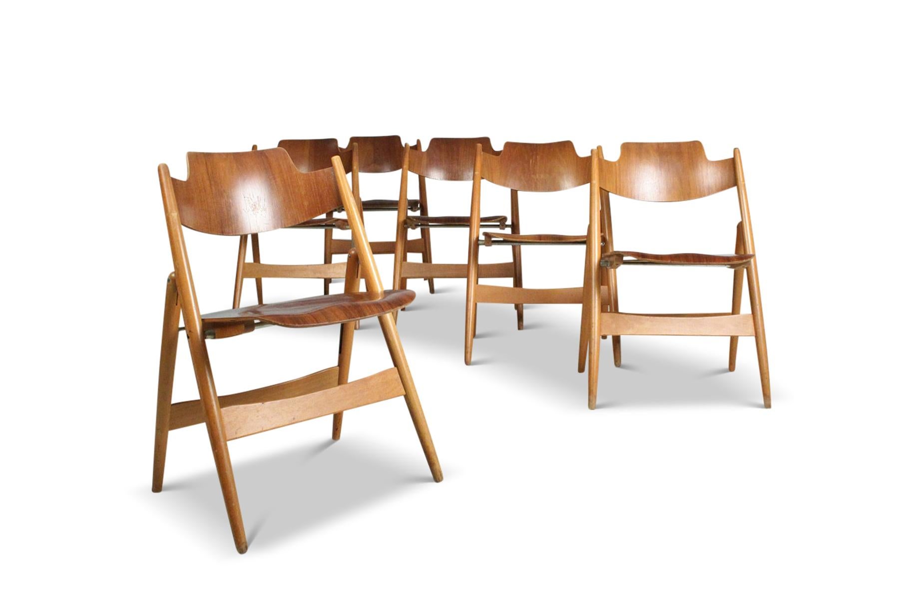 Beech Set of Six Model Se18 Folding Walnut Dining Chairs by Egon Eiermann For Sale