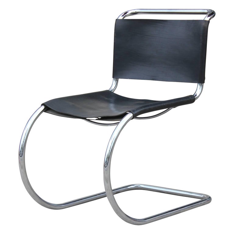 Set of Six Modern Black Leather and Chrome Knoll Style Cantilevered
