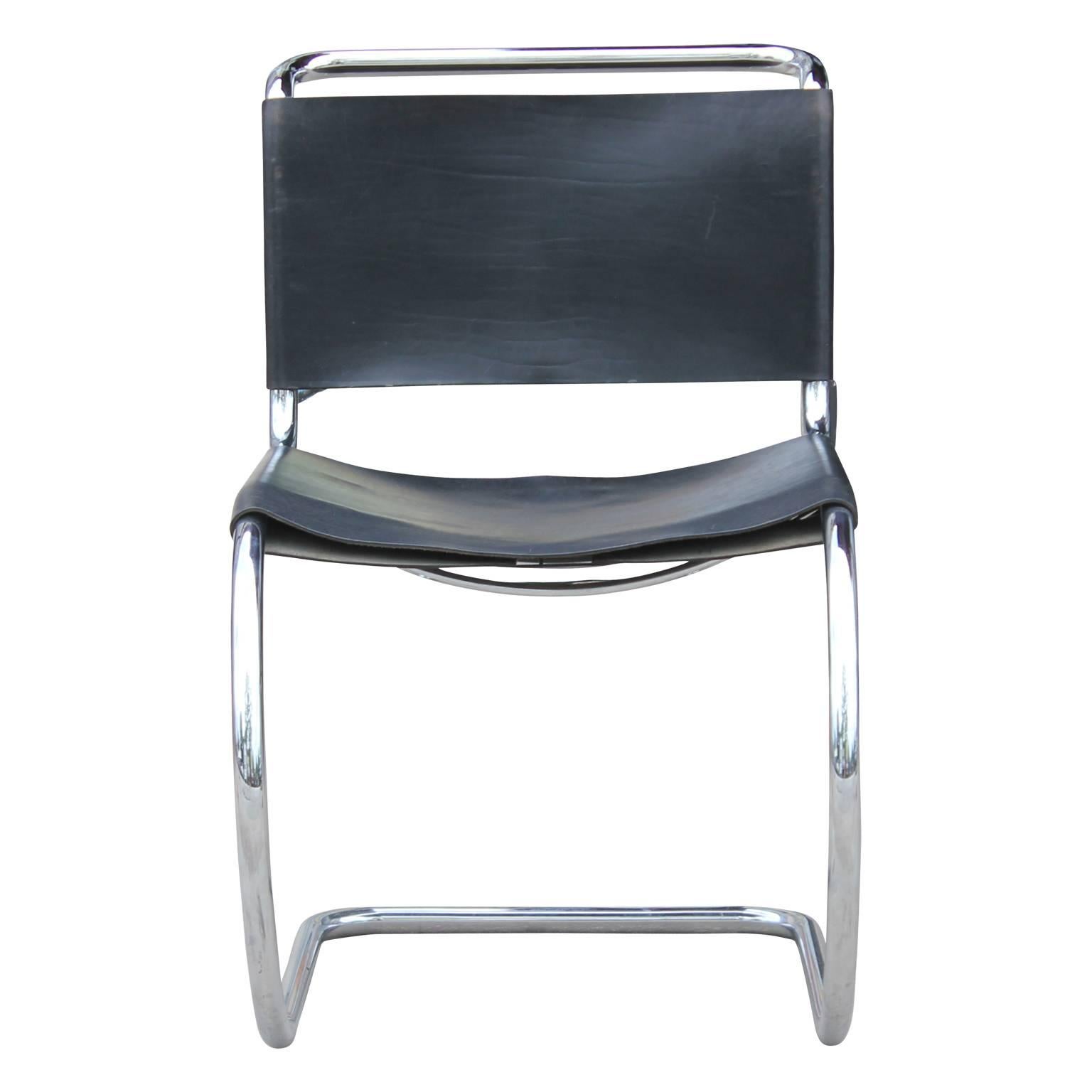 Late 20th Century Set of Six Modern Black Leather & Chrome Knoll Style Cantilevered Dining Chairs