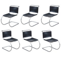 Set of Six Modern Black Leather & Chrome Knoll Style Cantilevered Dining Chairs