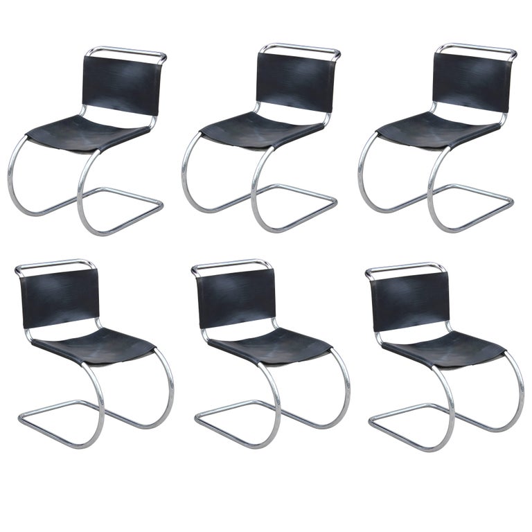 Set of Six Modern Black Leather and Chrome Knoll Style Cantilevered