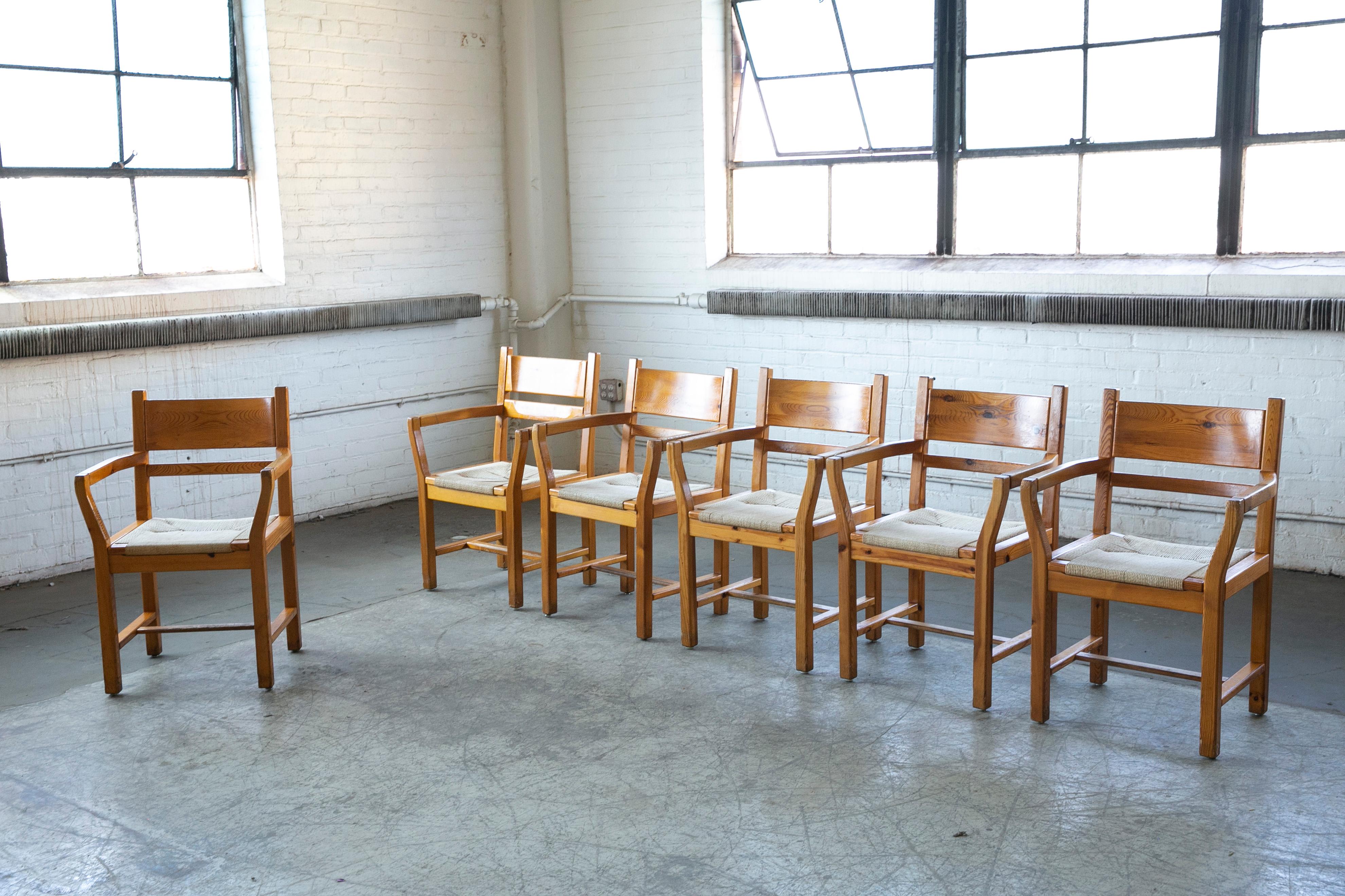 Scandinavian Modern Set of Six Modern Danish Dining Chairs in Solid Pine and Papercord For Sale