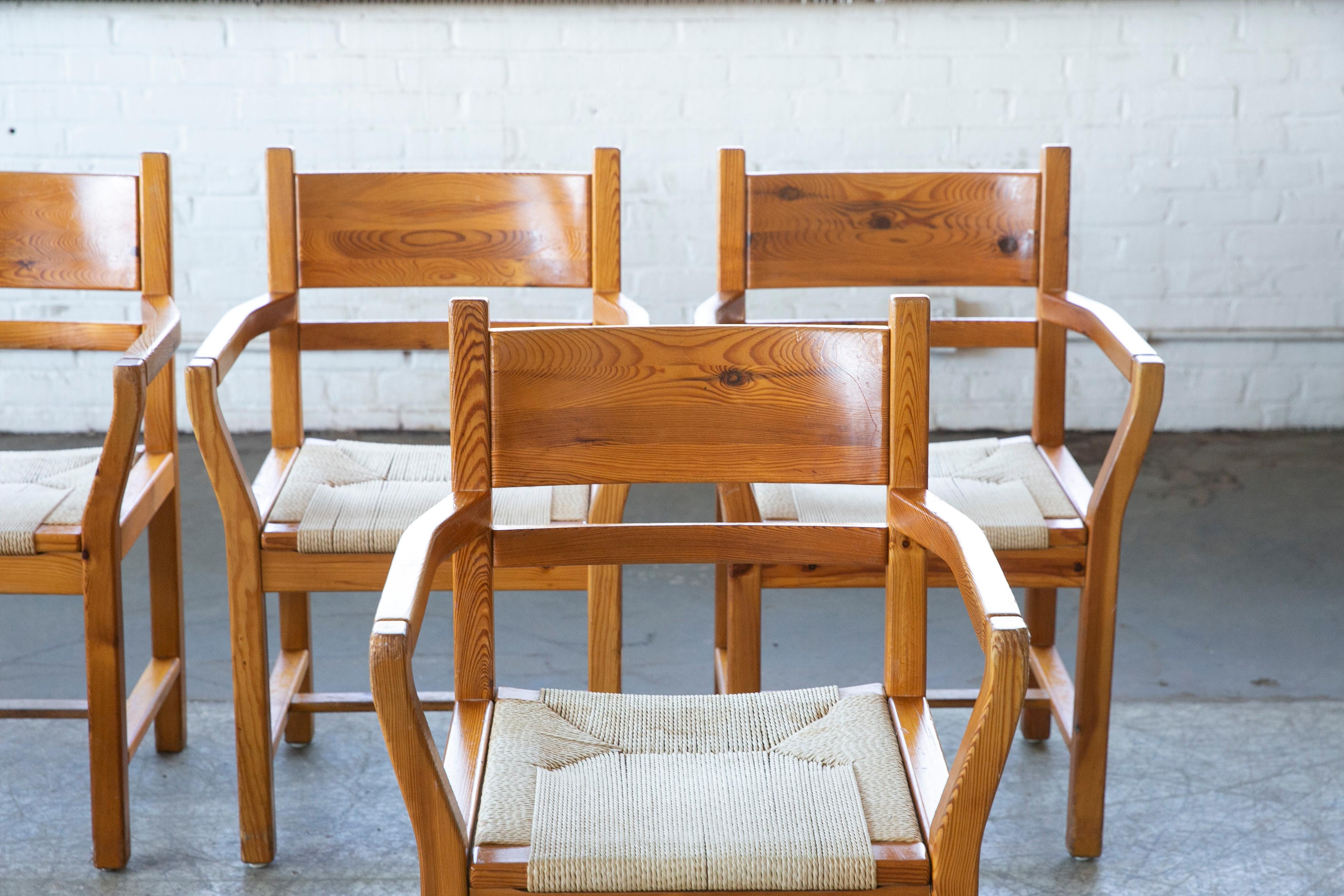 Late 20th Century Set of Six Modern Danish Dining Chairs in Solid Pine and Papercord For Sale