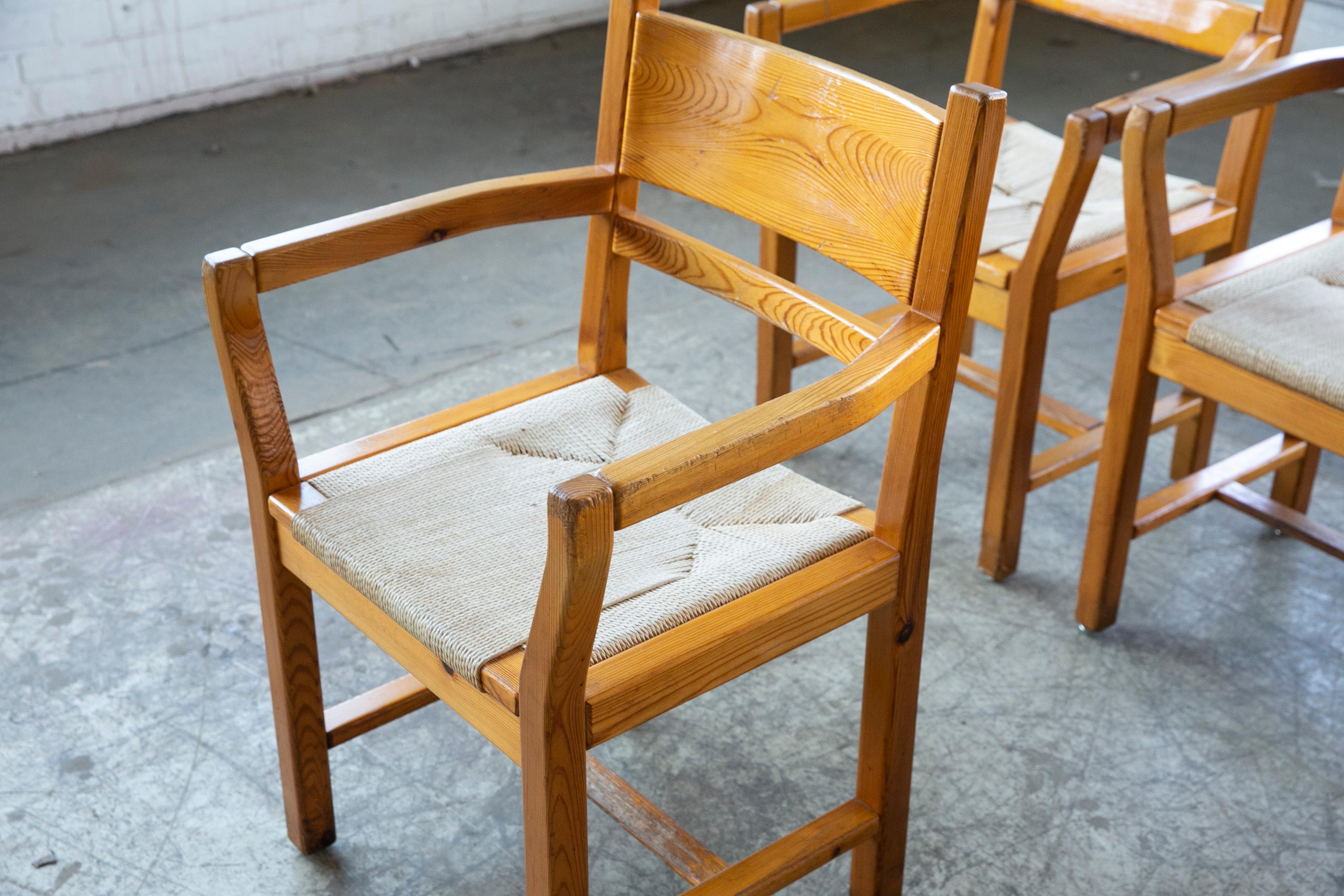 Set of Six Modern Danish Dining Chairs in Solid Pine and Papercord For Sale 1