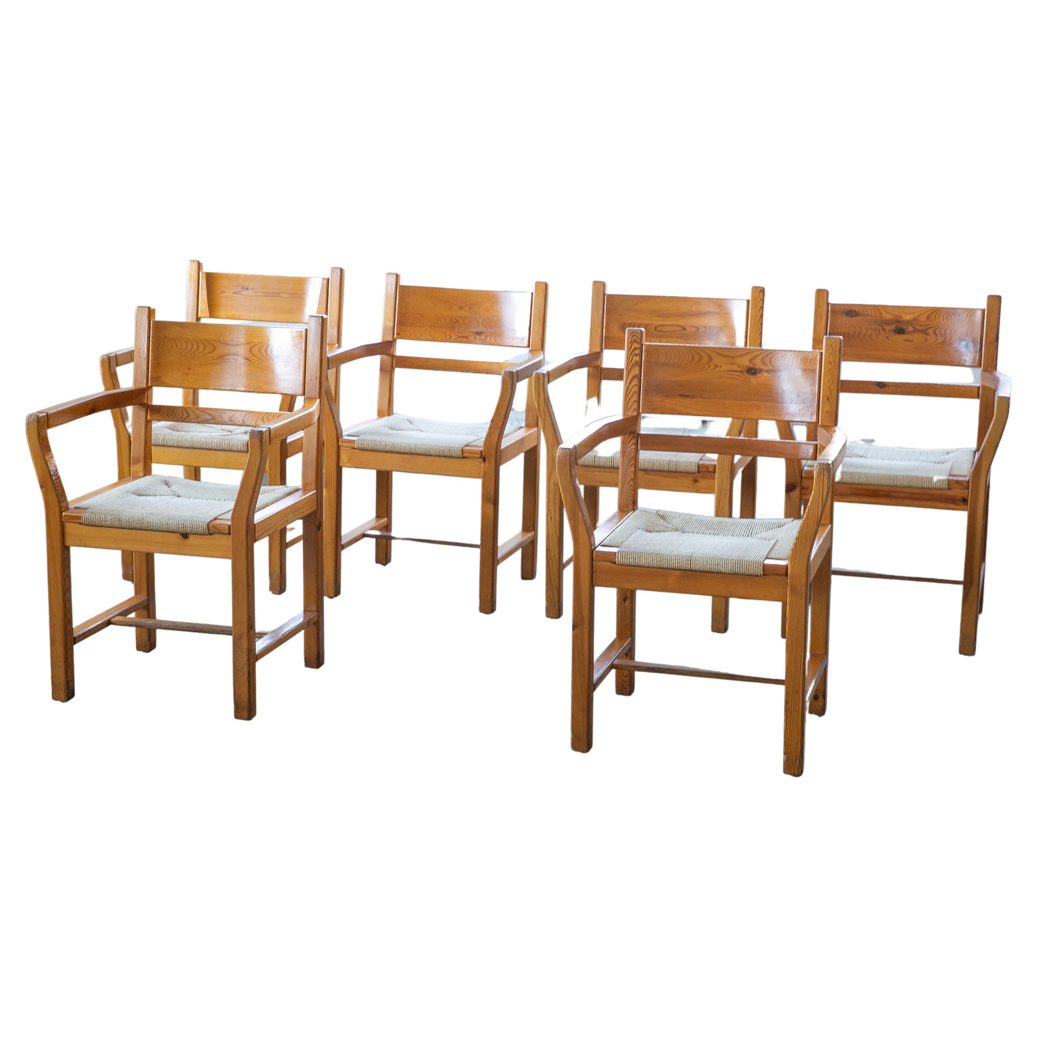 Set of Six Modern Danish Dining Chairs in Solid Pine and Papercord For Sale