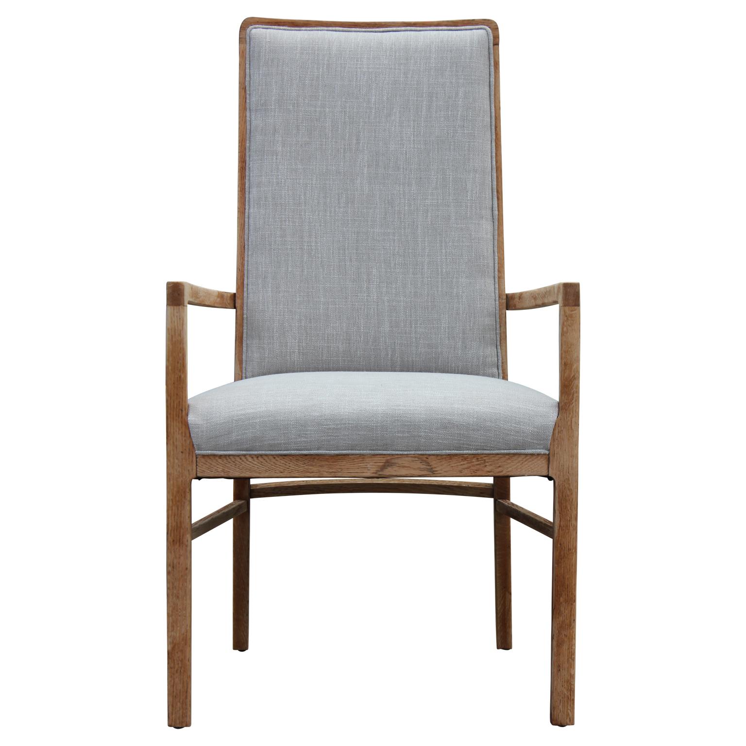 Set of six modern grey linen dining chairs with bleached wood chairs. Set comes with two chairs with arms, four chairs without arms.

Additional dimensions for two chairs with arms:
Width 22in
Depth 21.5in
Height 40in
Seat height 18in.