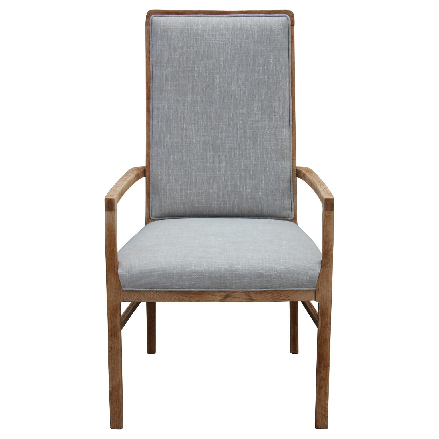 American Set of Six Modern Grey Linen Dining Chairs with Bleached Wood Frames
