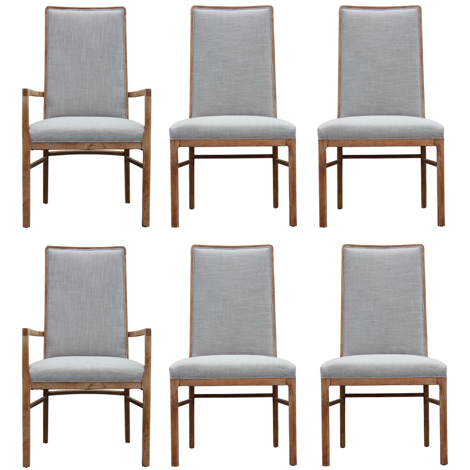 Set of Six Modern Grey Linen Dining Chairs with Bleached Wood Frames