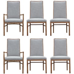 Set of Six Modern Grey Linen Dining Chairs with Bleached Wood Frames