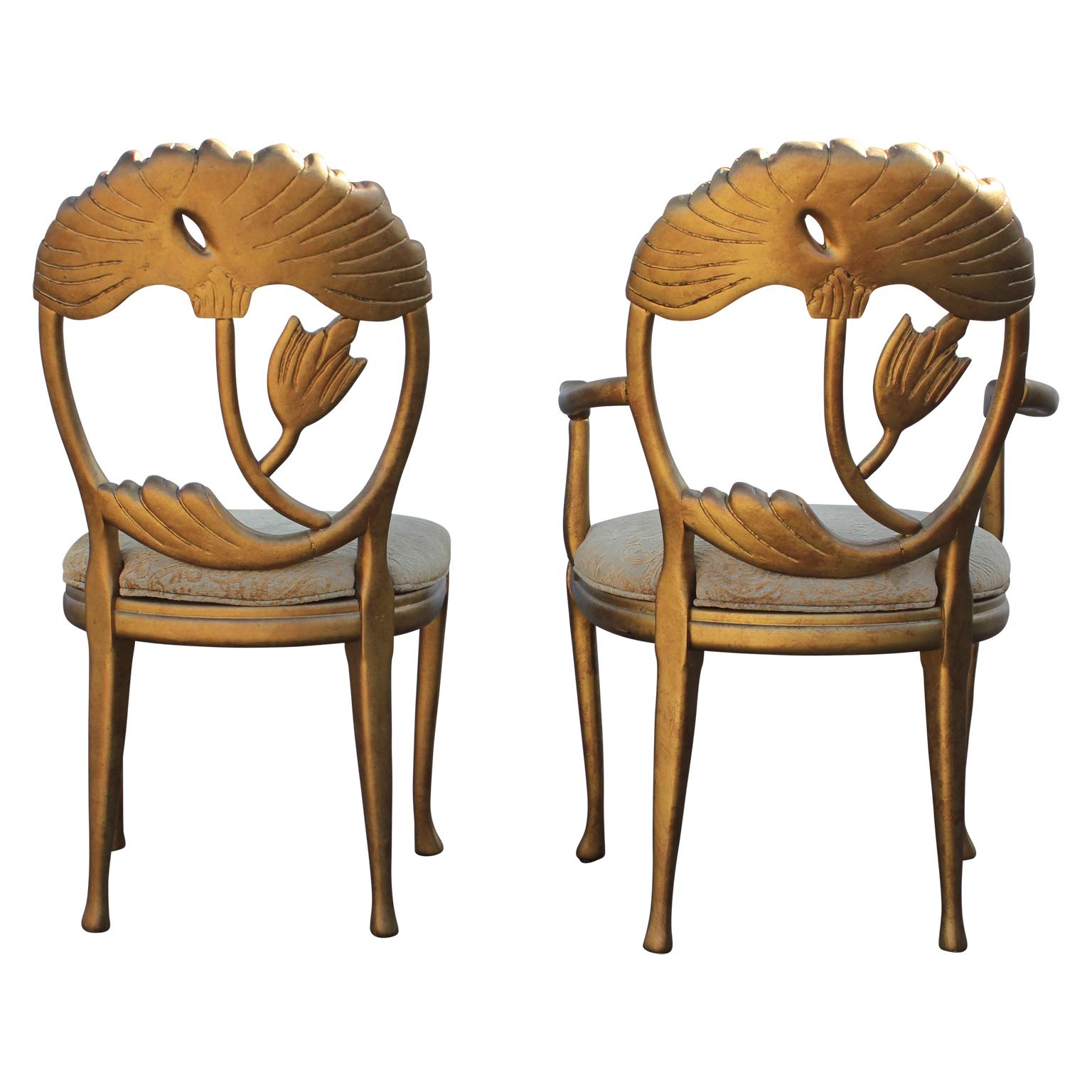 Set of Six Modern Italian Art Nouveau Floral Back Gold Dining Chairs In Good Condition In Houston, TX