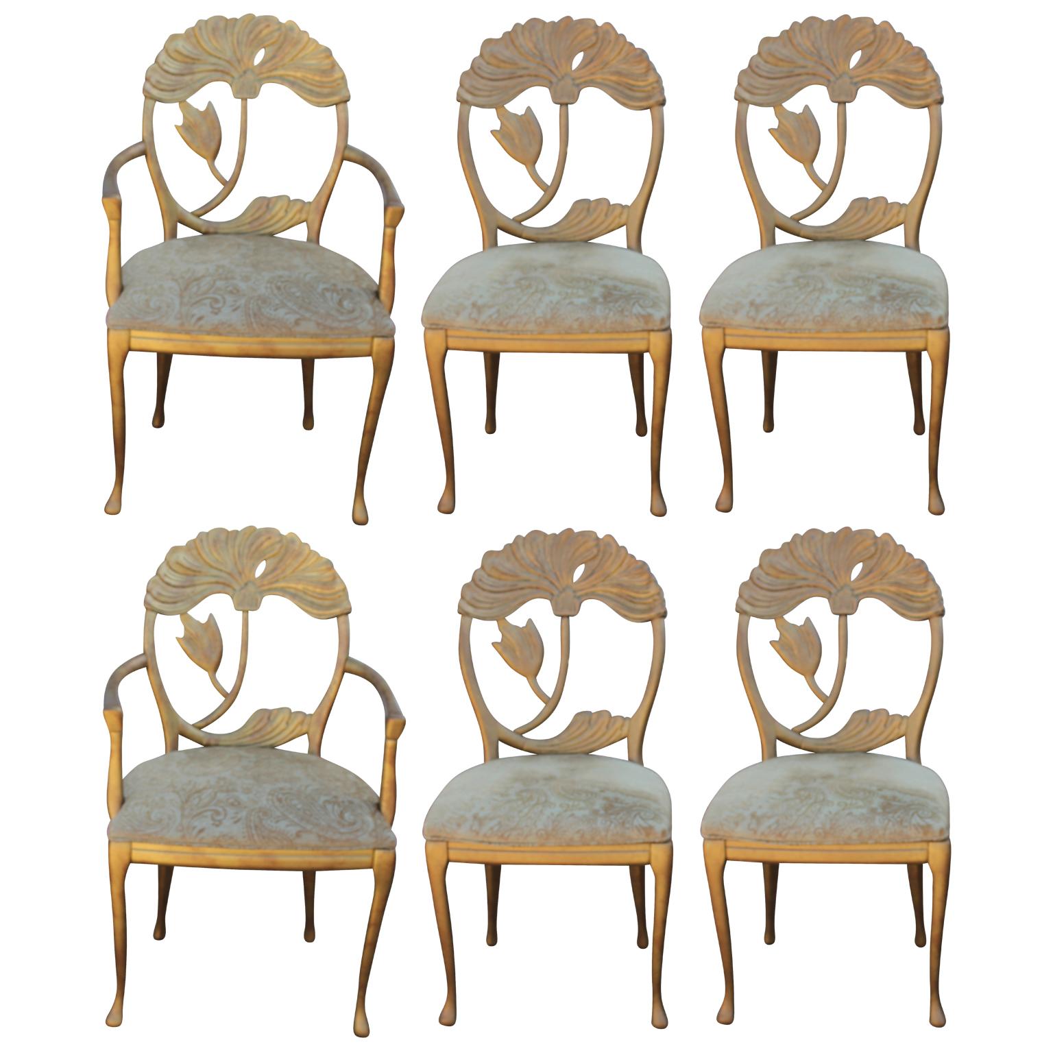 Set of Six Modern Italian Art Nouveau Floral Back Gold Dining Chairs