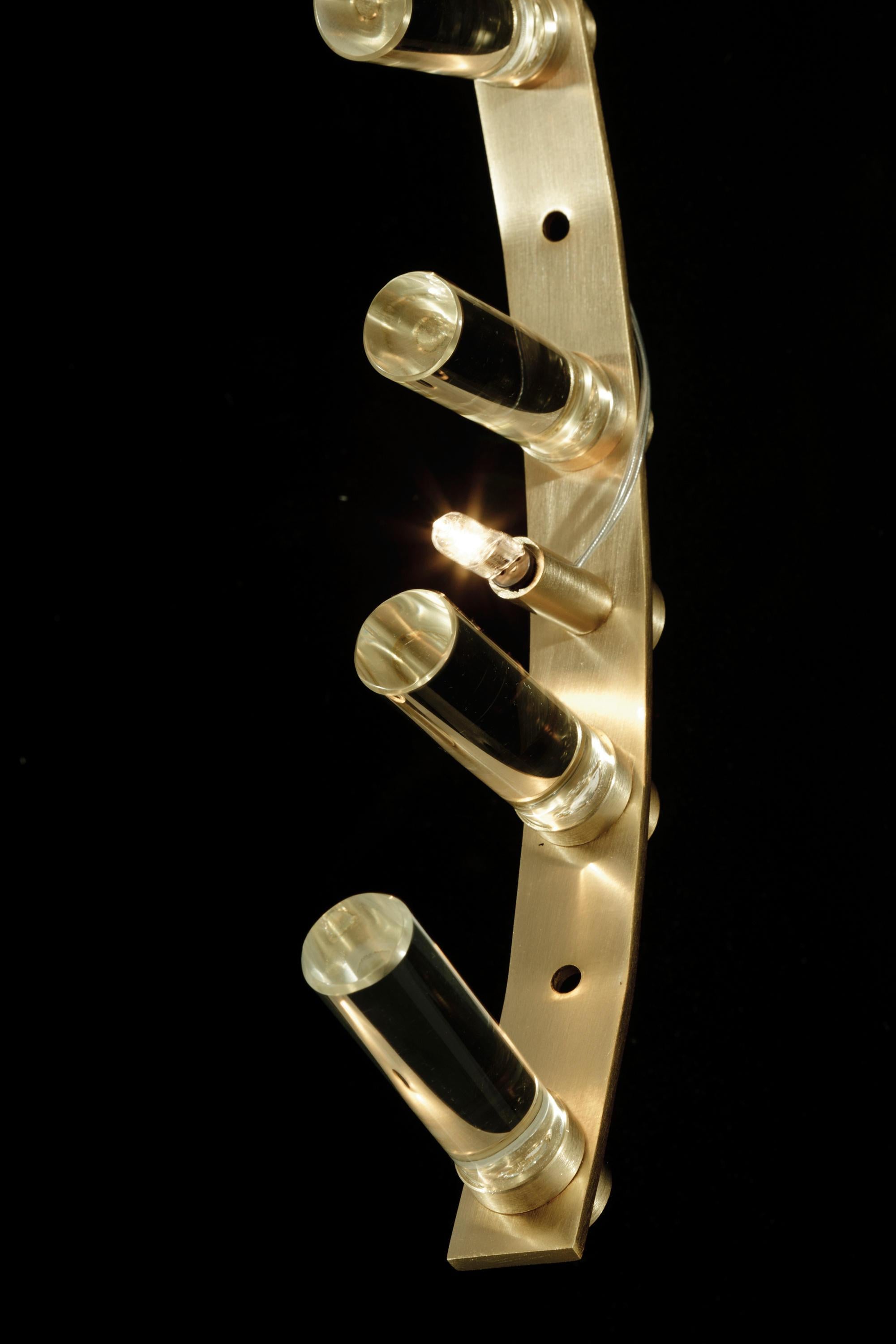 Brushed Set of Six Modern Satin Gold and Glass Wall Sconces by Baroncelli, Italy. For Sale
