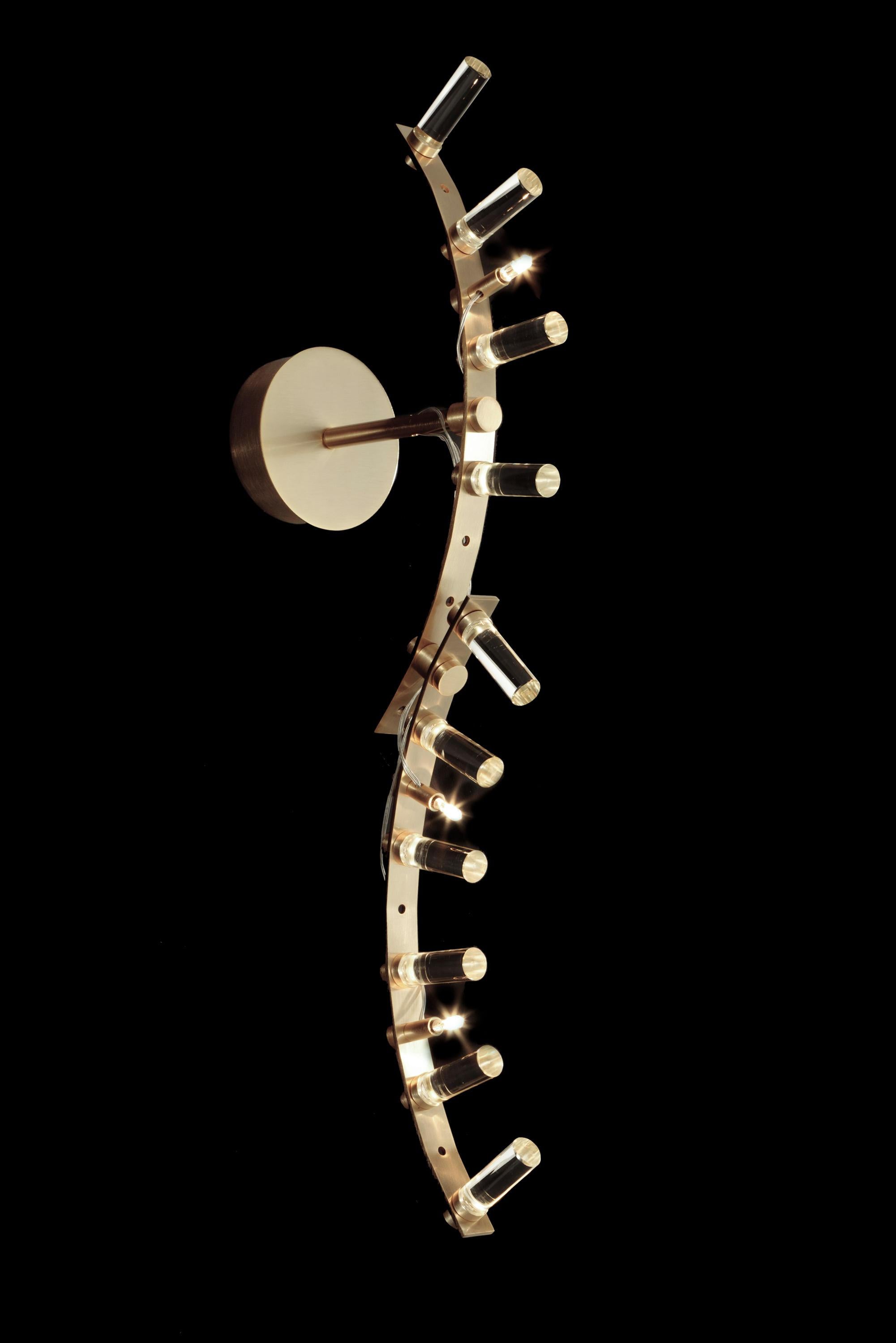 Contemporary Set of Six Modern Satin Gold and Glass Wall Sconces by Baroncelli, Italy. For Sale