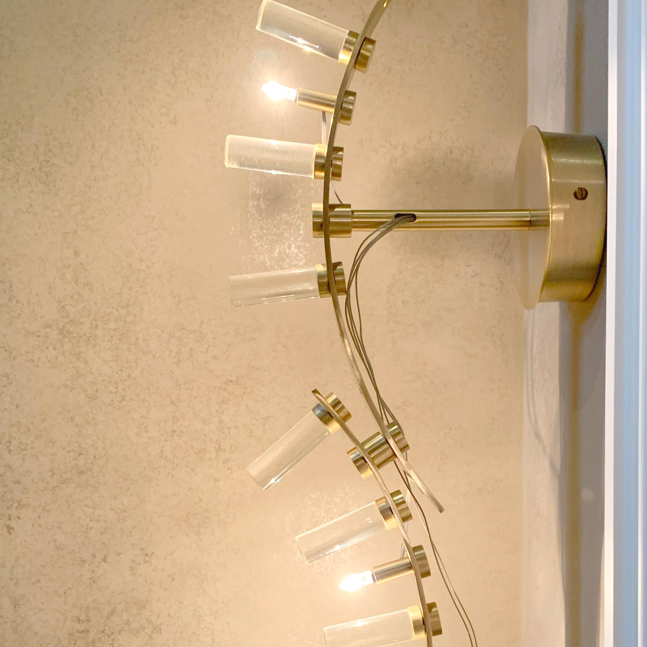 Gold Plate Set of Six Modern Satin Gold and Glass Wall Sconces by Baroncelli, Italy. For Sale