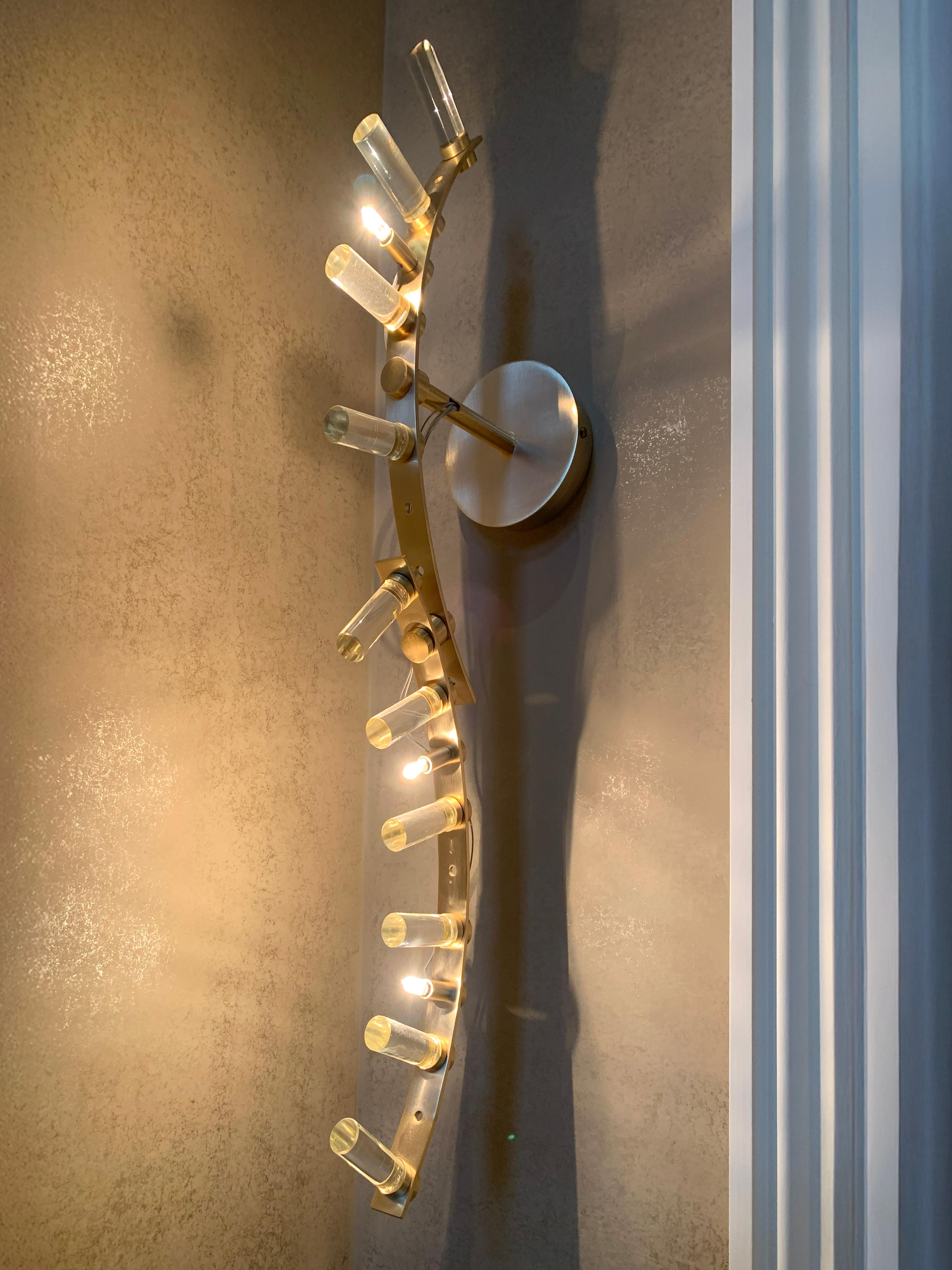 Set of Six Modern Satin Gold and Glass Wall Sconces by Baroncelli, Italy. For Sale 2