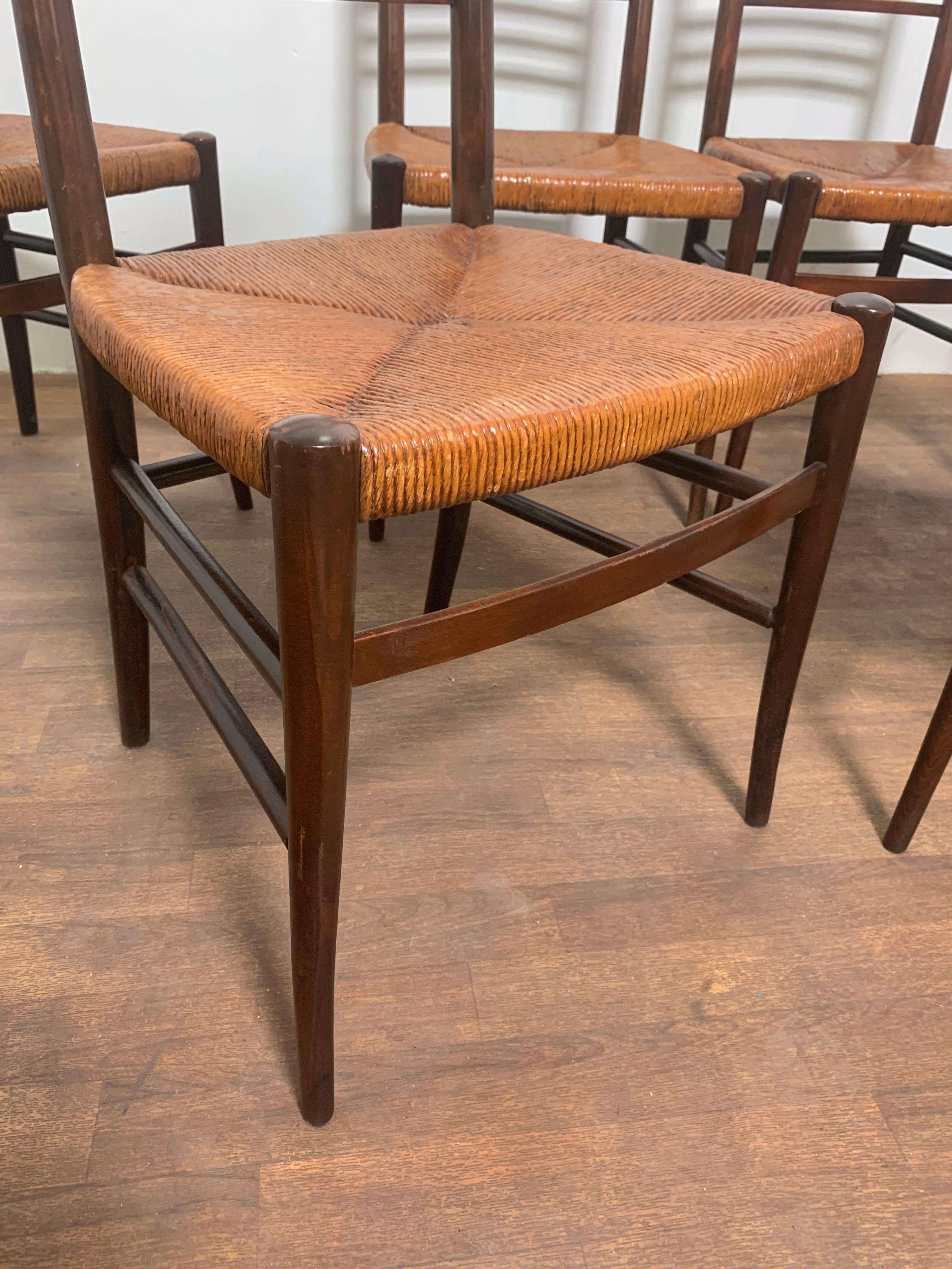 Set of Six Modernist Italian Rattan Dining Chairs, Circa 1950s In Good Condition In Peabody, MA