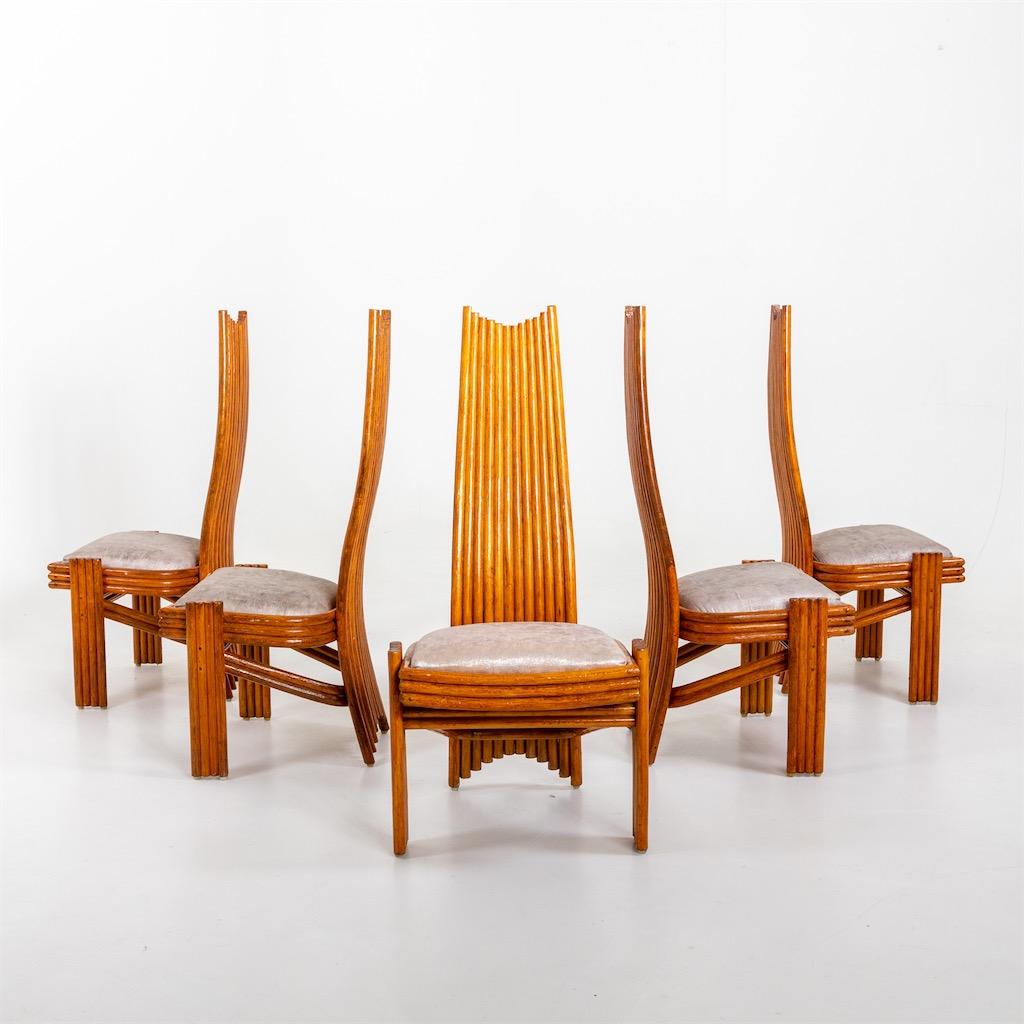 Late 20th Century Set of Six Modernist Tall Back Dining Chairs For Sale