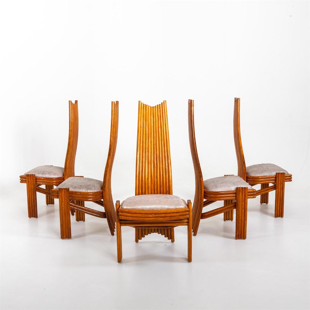 Bamboo Set of Six Modernist Tall Back Dining Chairs For Sale