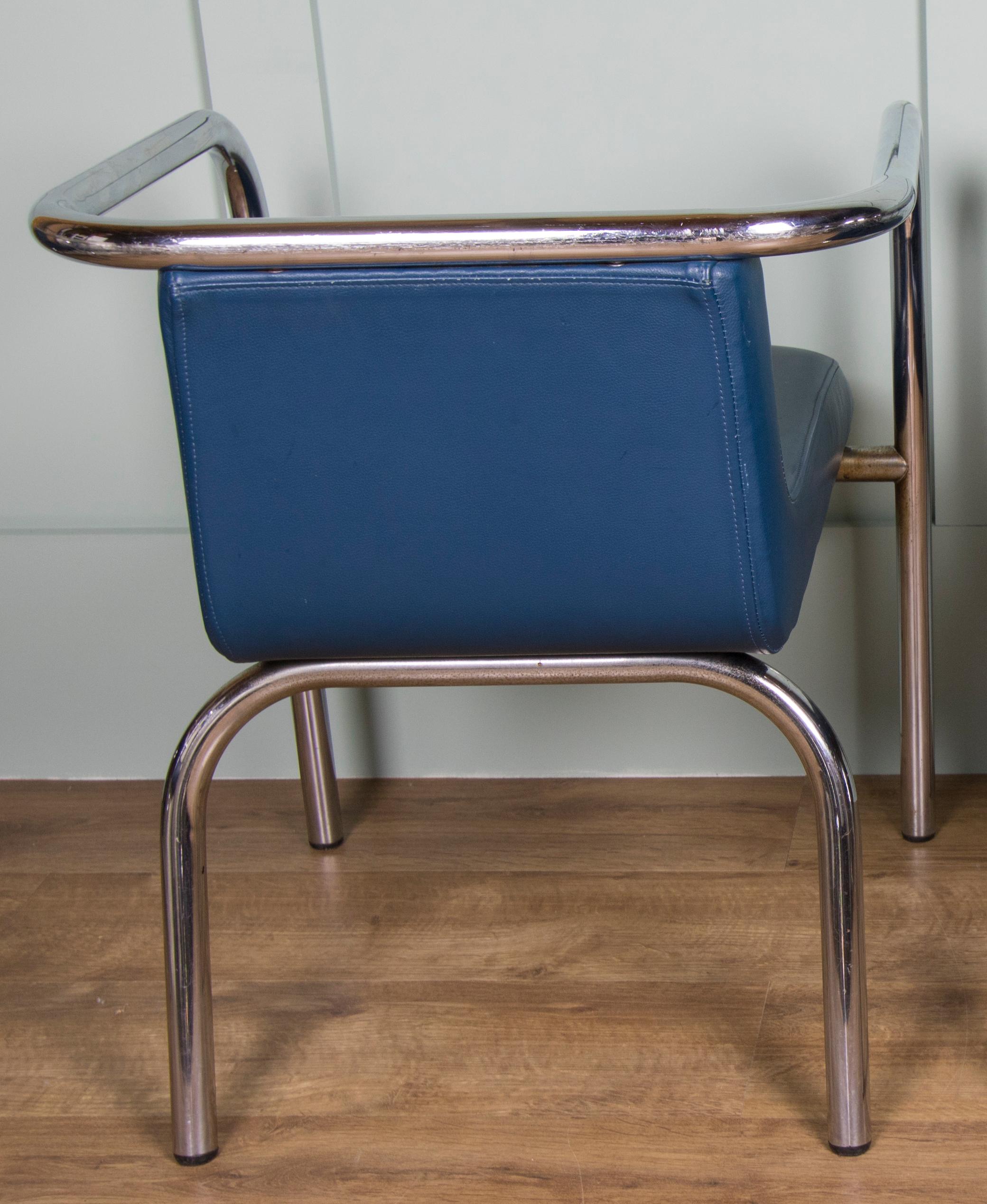 British Set of Six Modernist tubular Steel chairs with Blue Leather seats